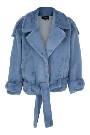 BABY BLUE FAUX FUR TIE DETAILED SHORT COAT