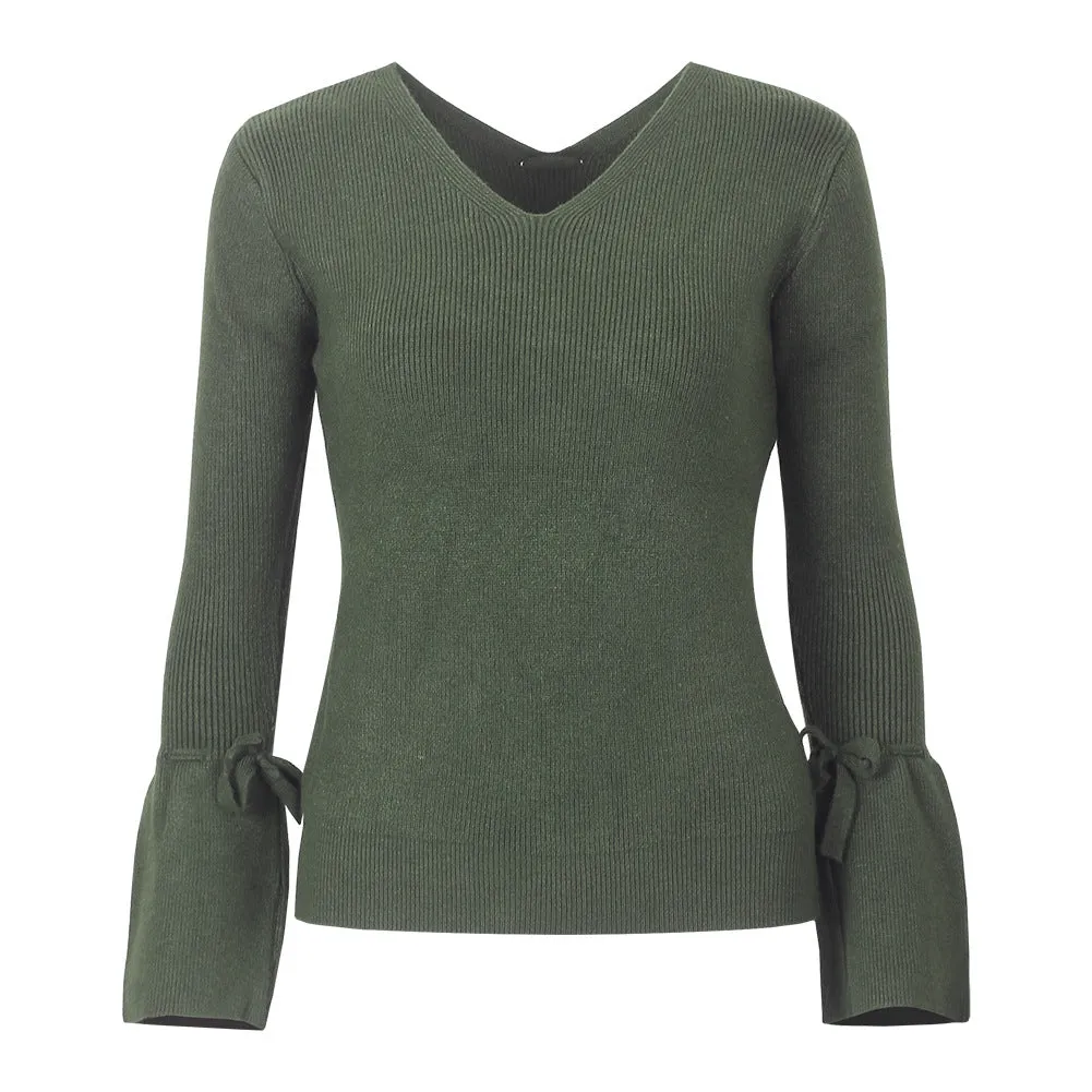 Back Bandage Bell Sleeve V- neck Sweaters