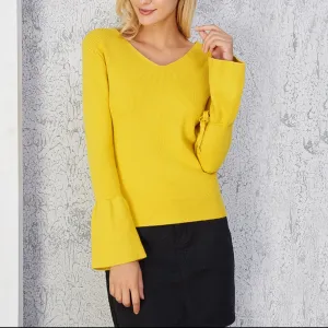 Back Bandage Bell Sleeve V- neck Sweaters