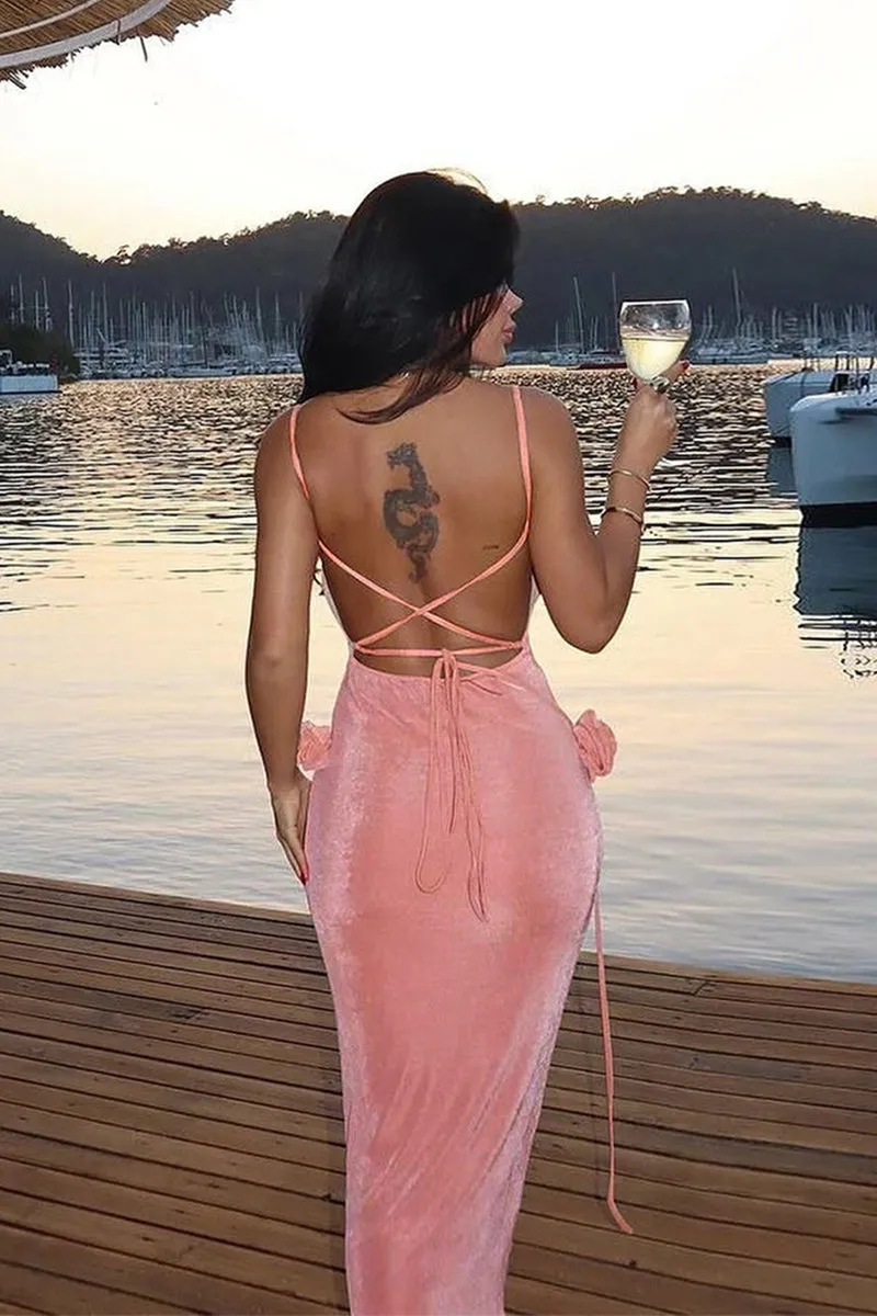 Backless Rosetta Design Bodycon Maxi Dress