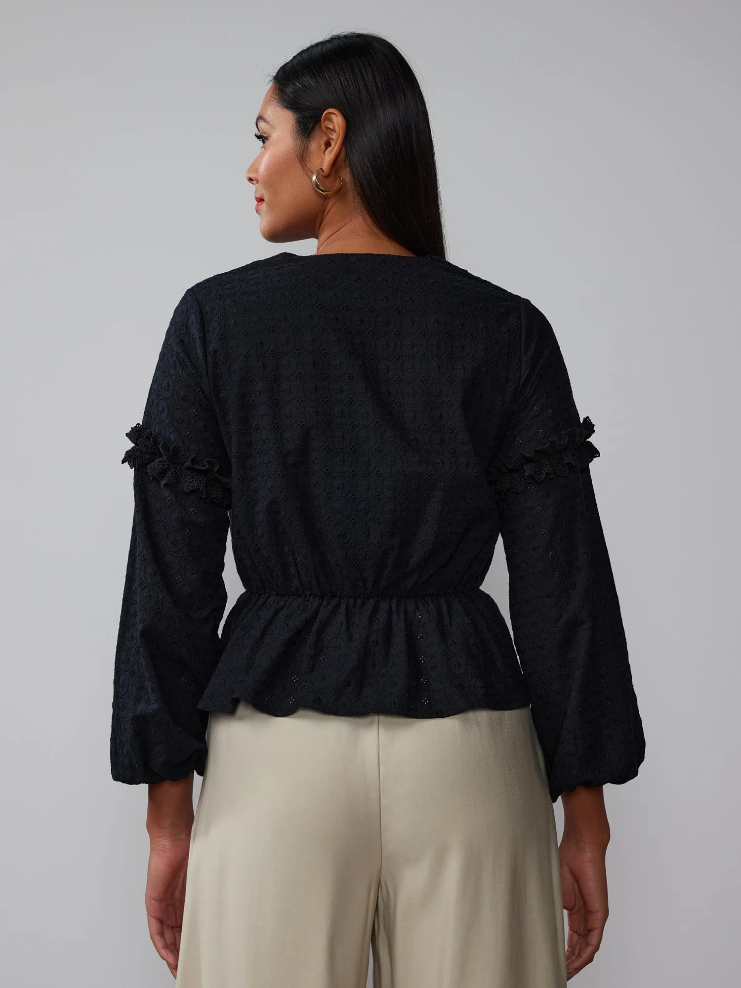 Balloon Sleeve V-Neck Eyelet Peplum Blouse