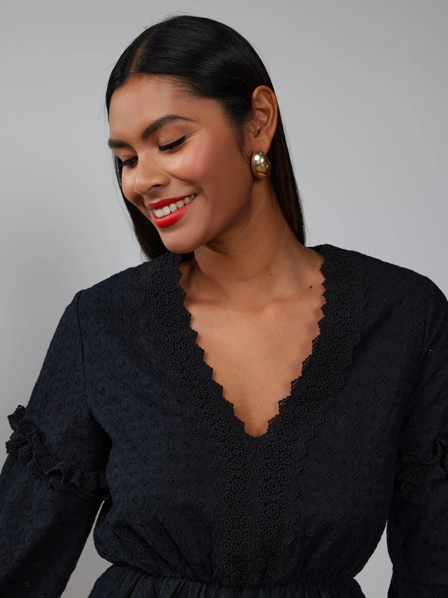 Balloon Sleeve V-Neck Eyelet Peplum Blouse