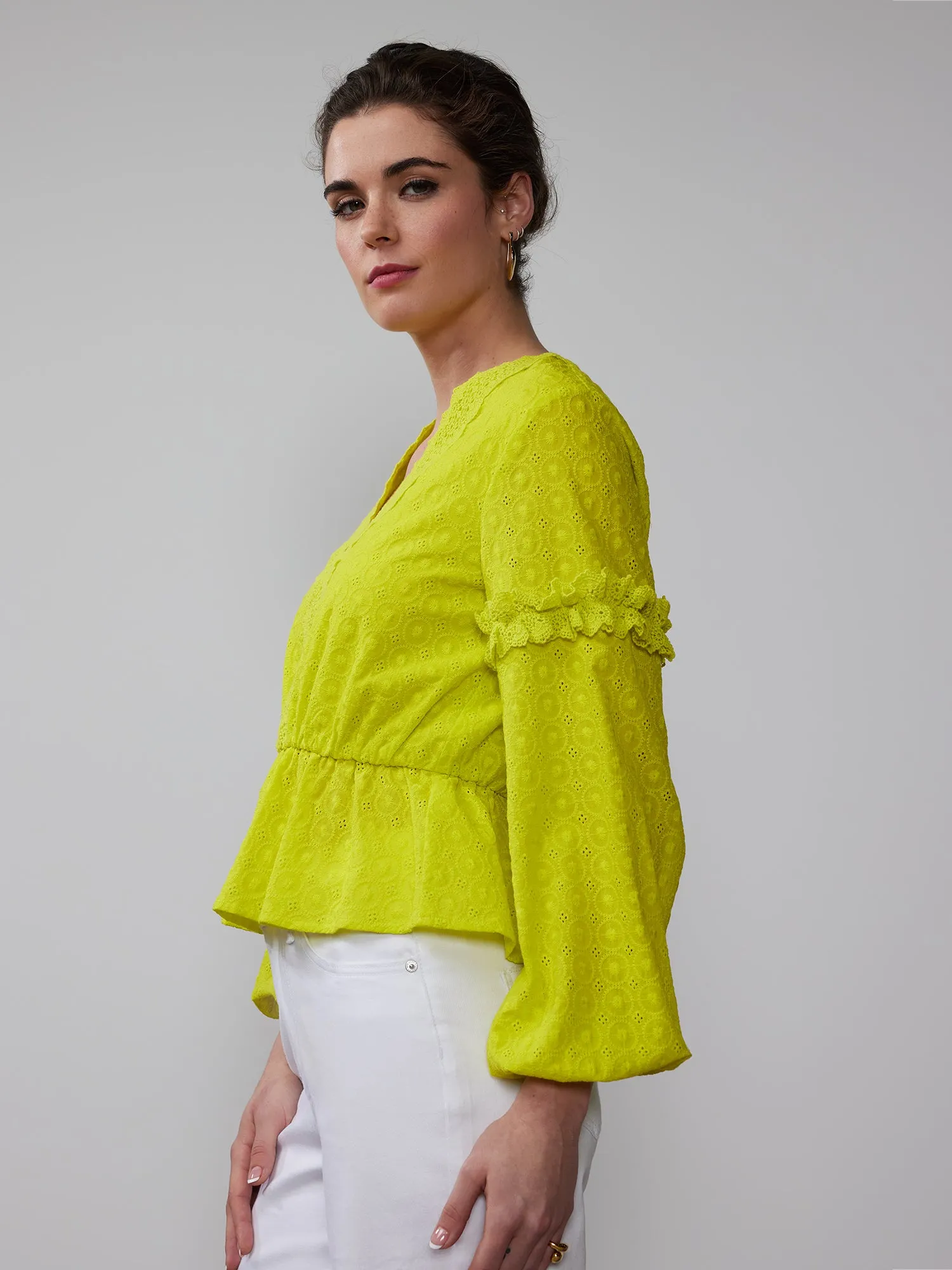 Balloon Sleeve V-Neck Eyelet Peplum Blouse