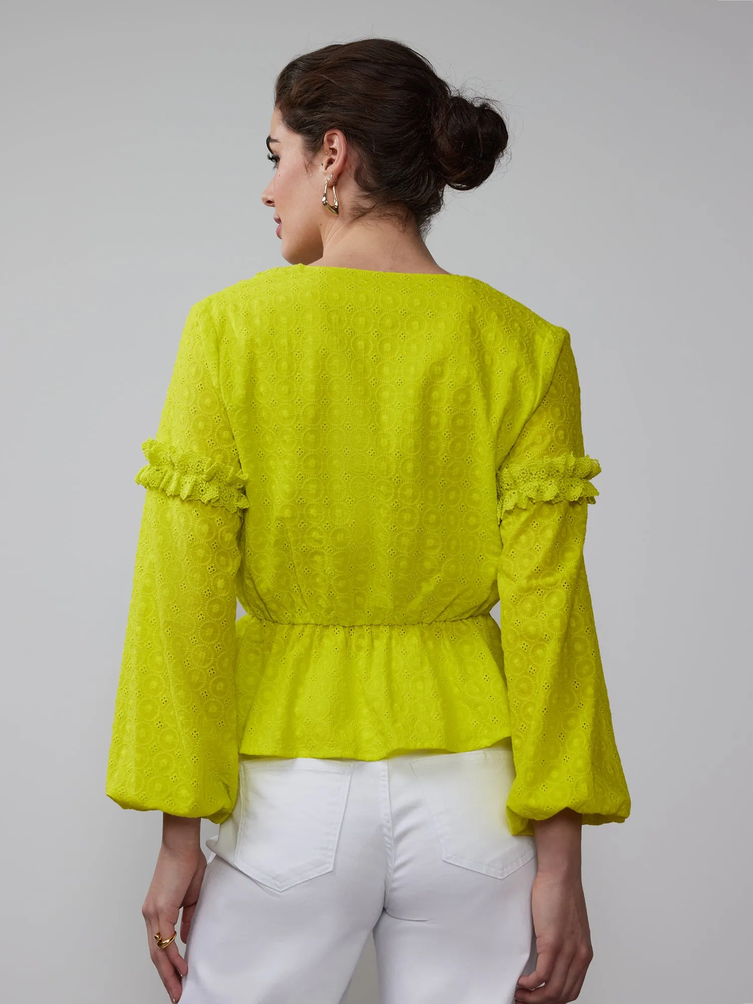 Balloon Sleeve V-Neck Eyelet Peplum Blouse