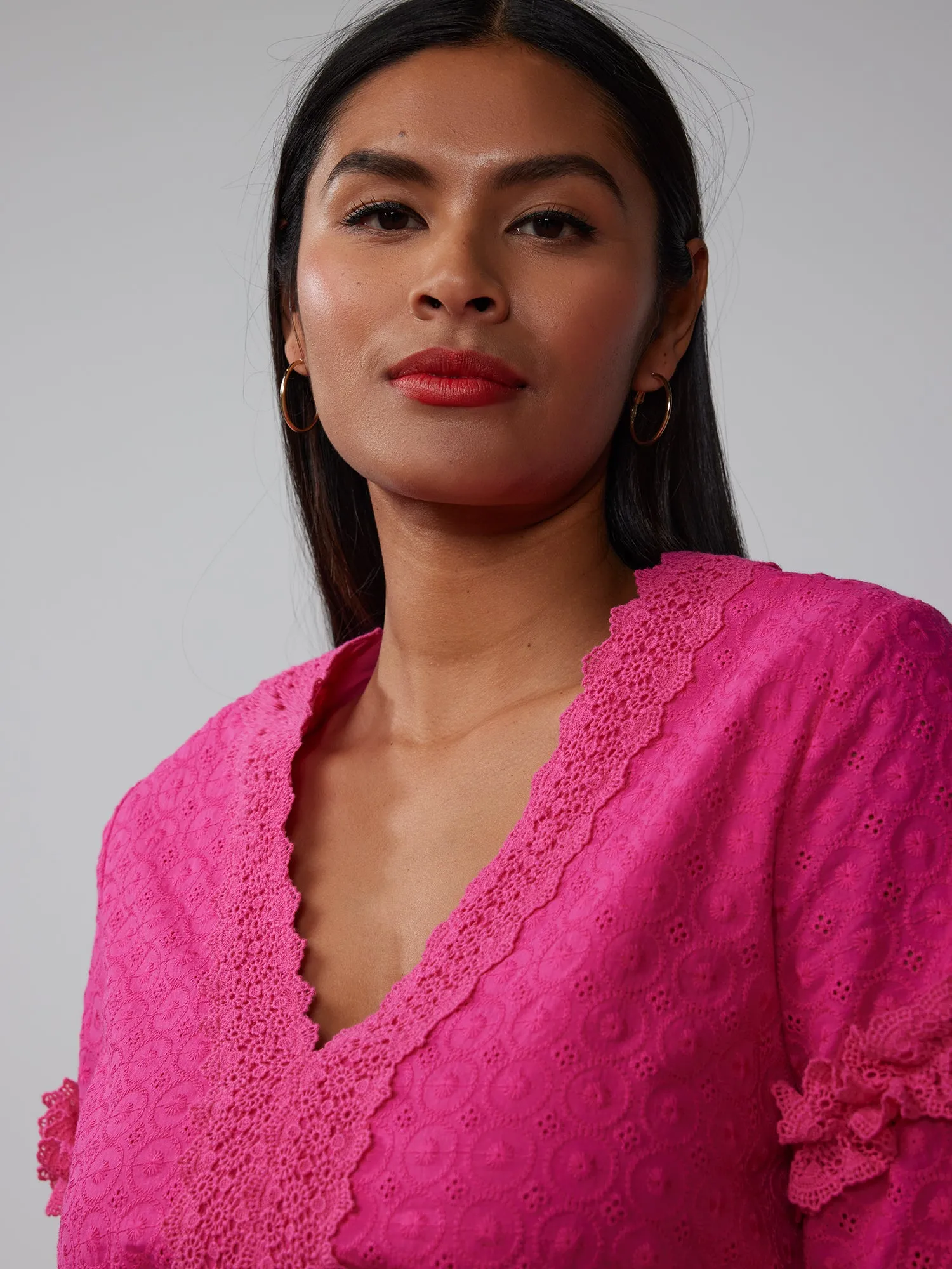 Balloon Sleeve V-Neck Eyelet Peplum Blouse