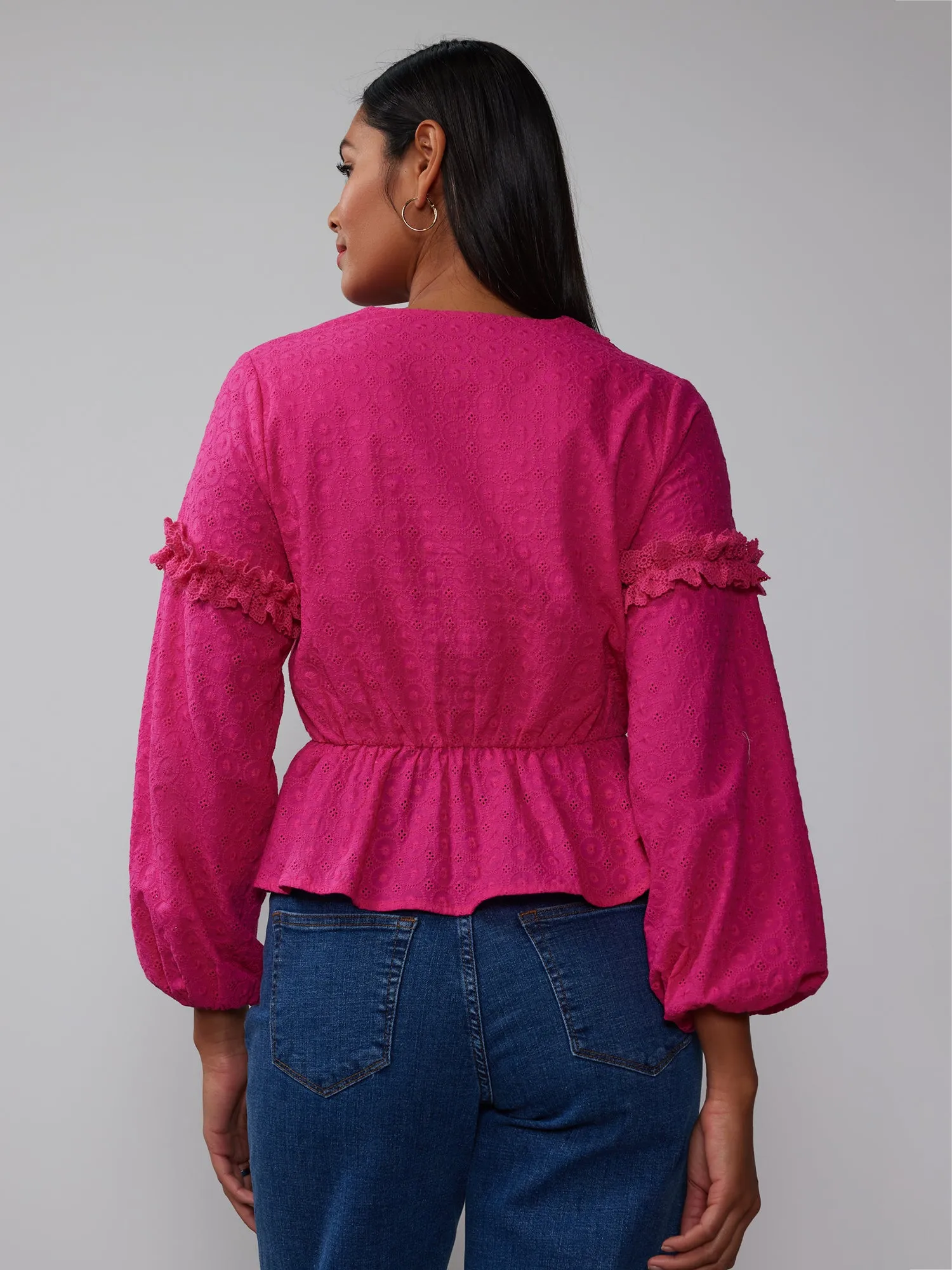 Balloon Sleeve V-Neck Eyelet Peplum Blouse