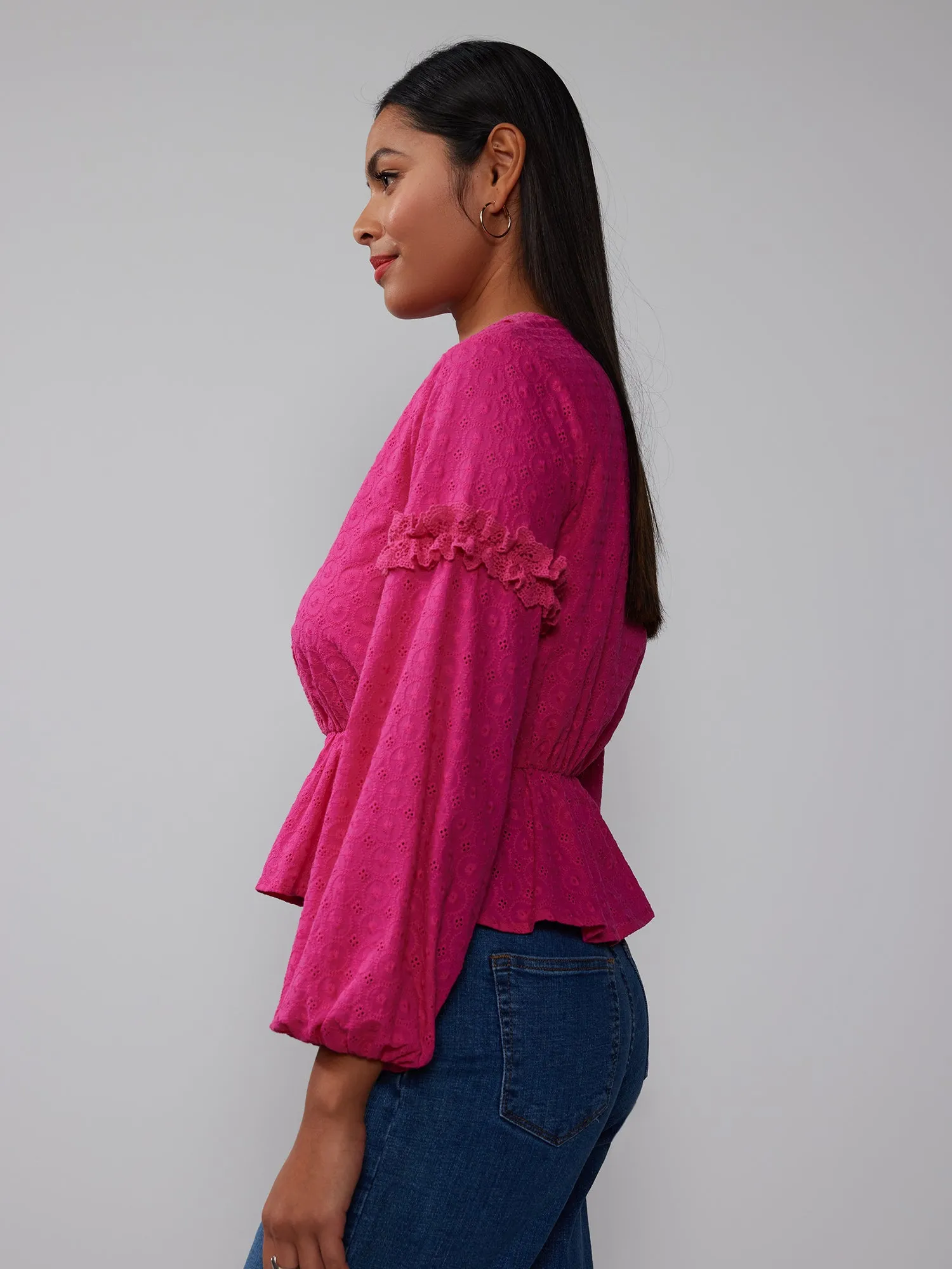 Balloon Sleeve V-Neck Eyelet Peplum Blouse