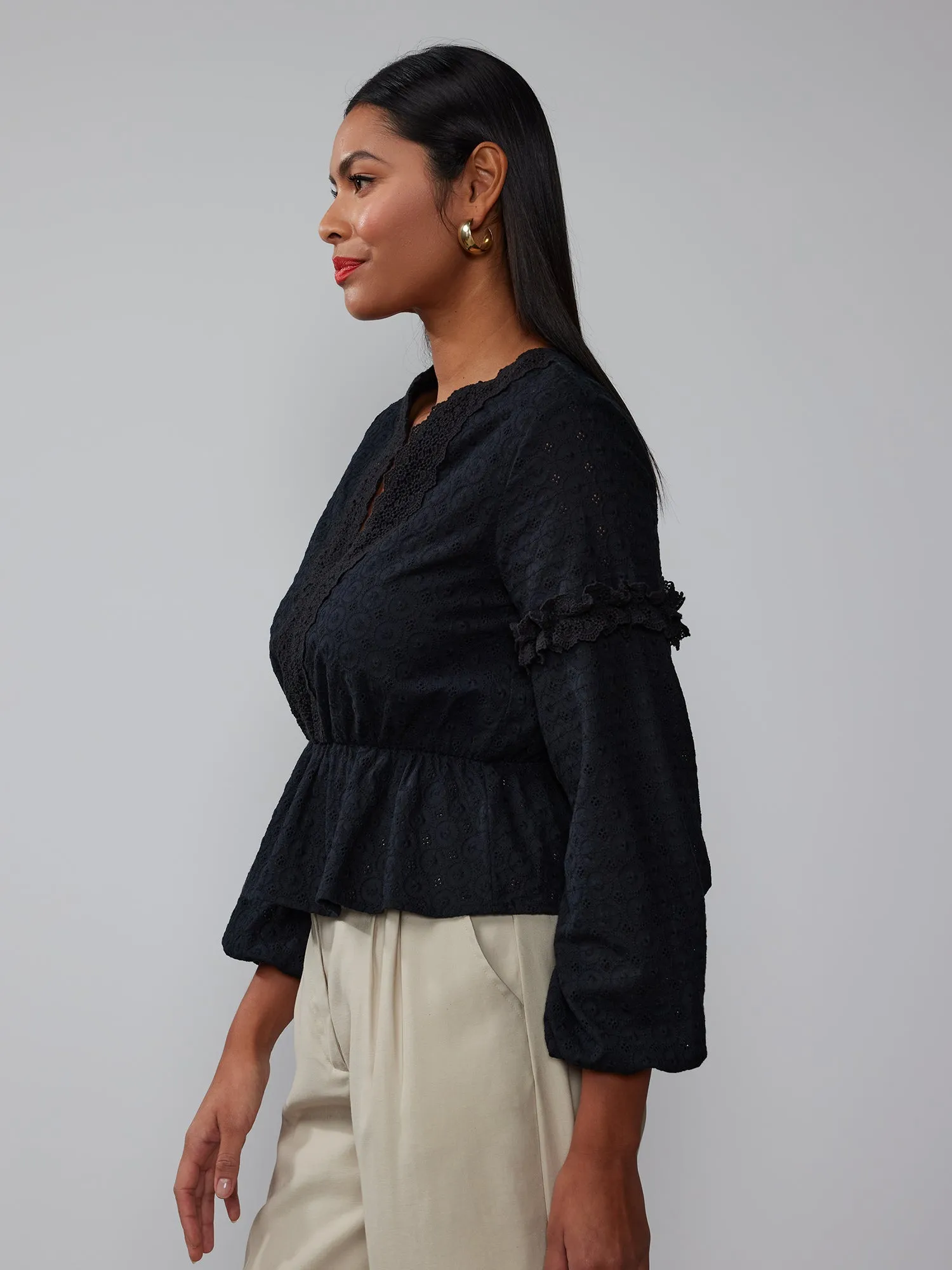 Balloon Sleeve V-Neck Eyelet Peplum Blouse