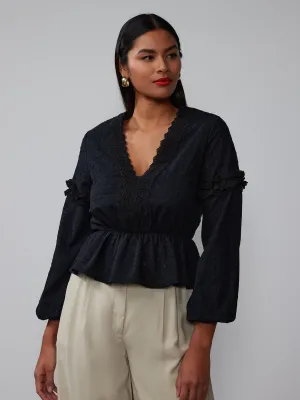 Balloon Sleeve V-Neck Eyelet Peplum Blouse