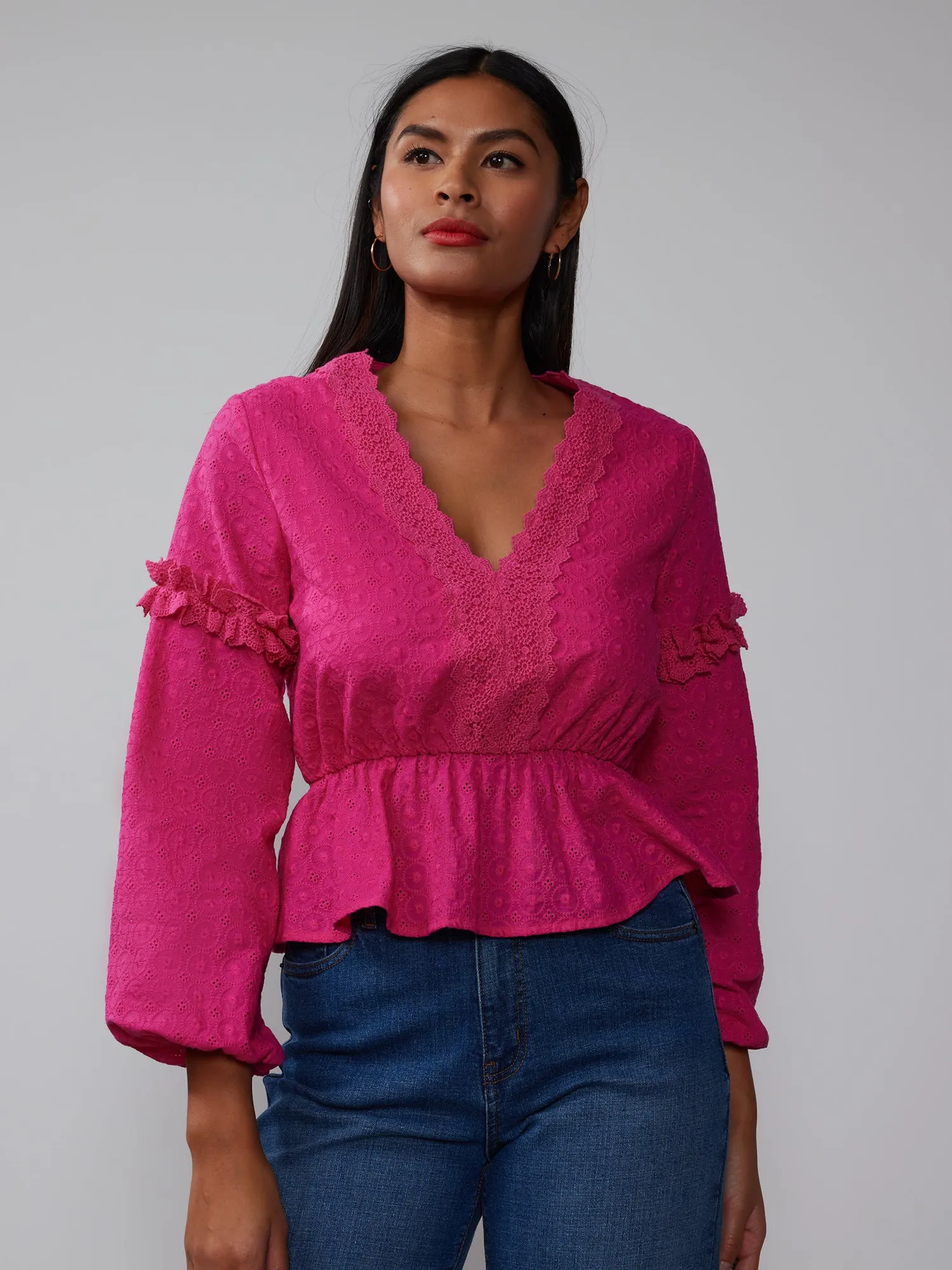 Balloon Sleeve V-Neck Eyelet Peplum Blouse