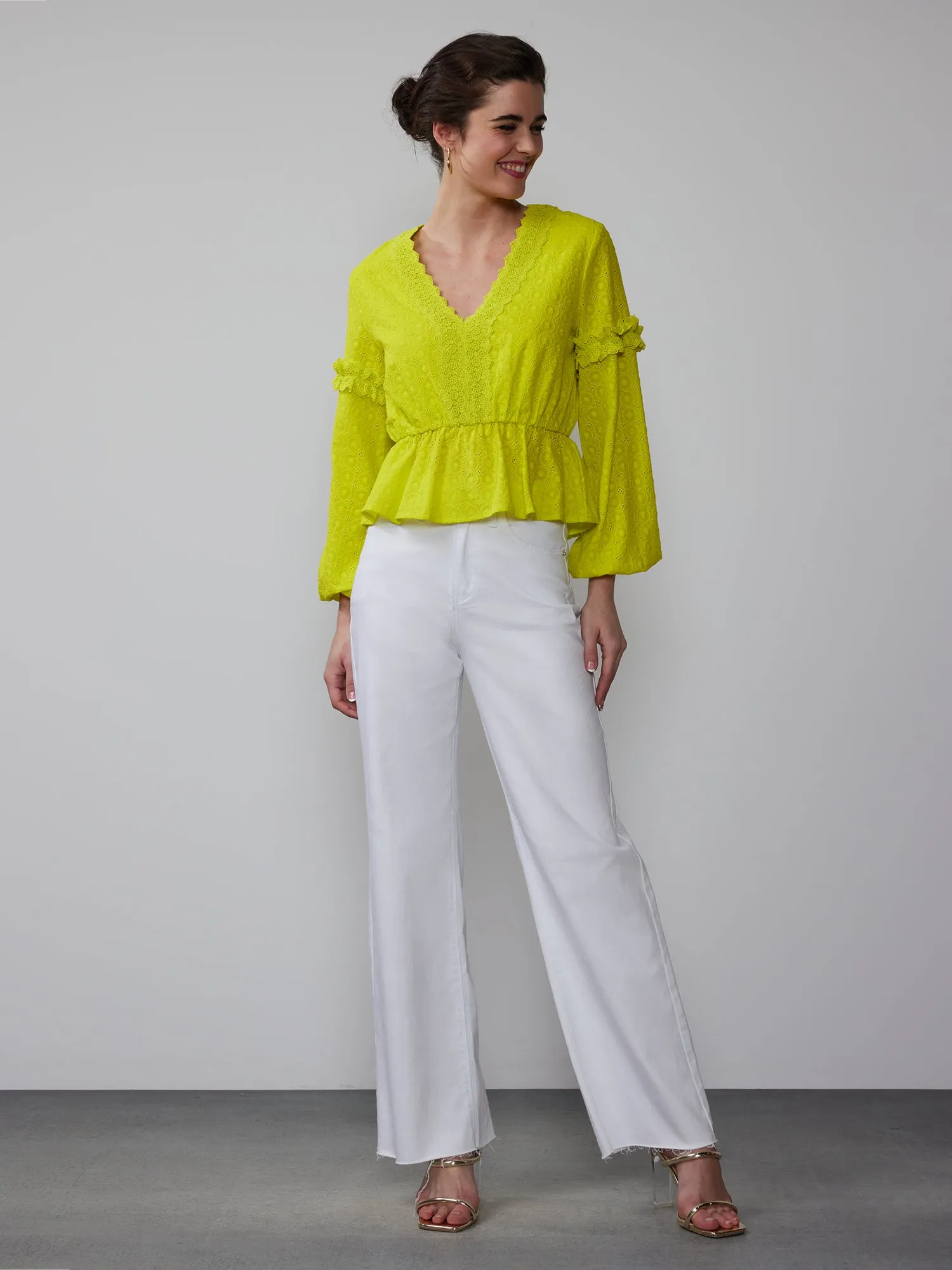 Balloon Sleeve V-Neck Eyelet Peplum Blouse