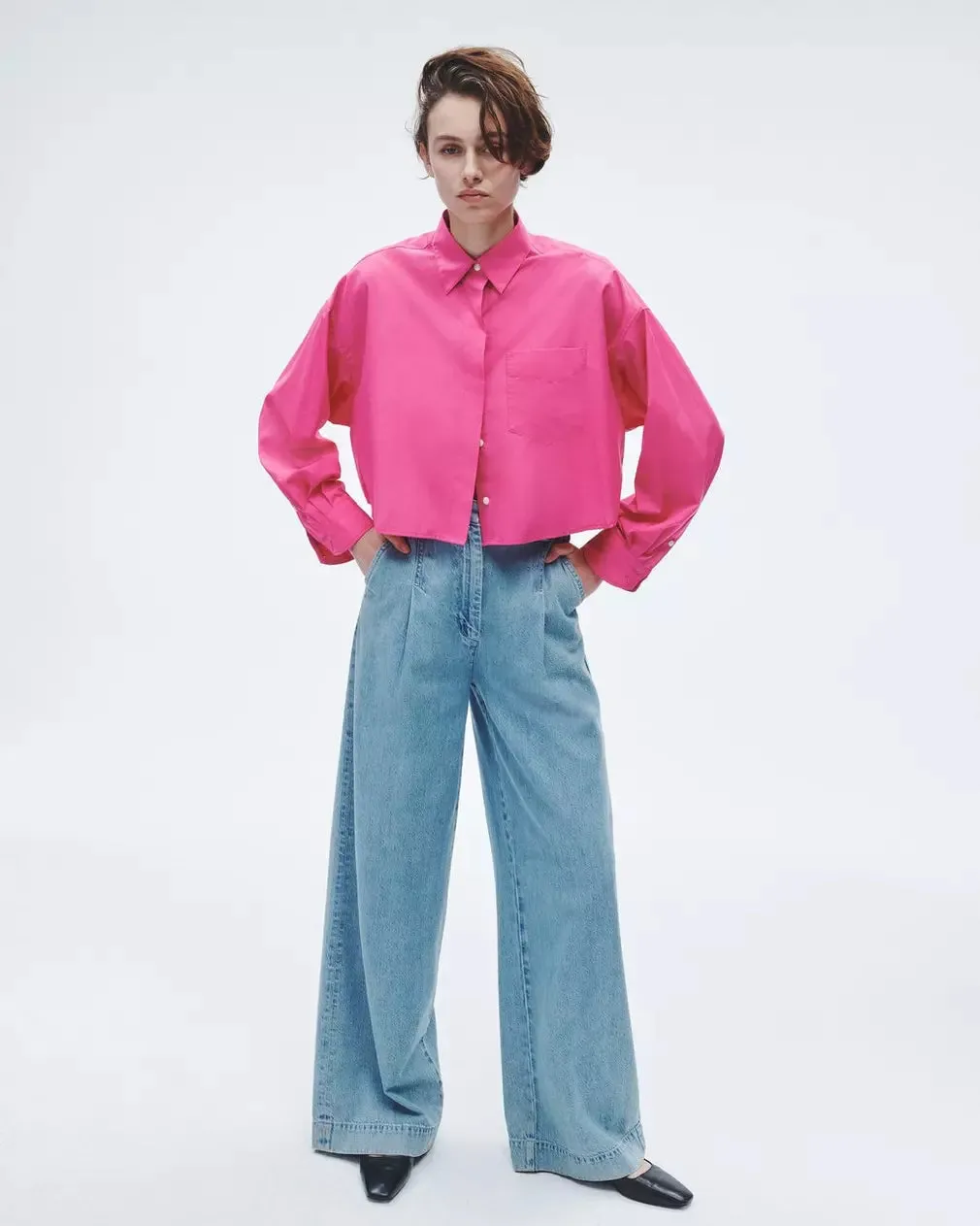 Beatrice Cotton Poplin Crop Shirt - Bright Pink