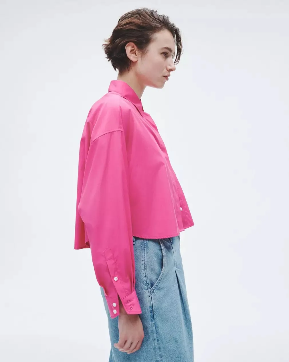 Beatrice Cotton Poplin Crop Shirt - Bright Pink