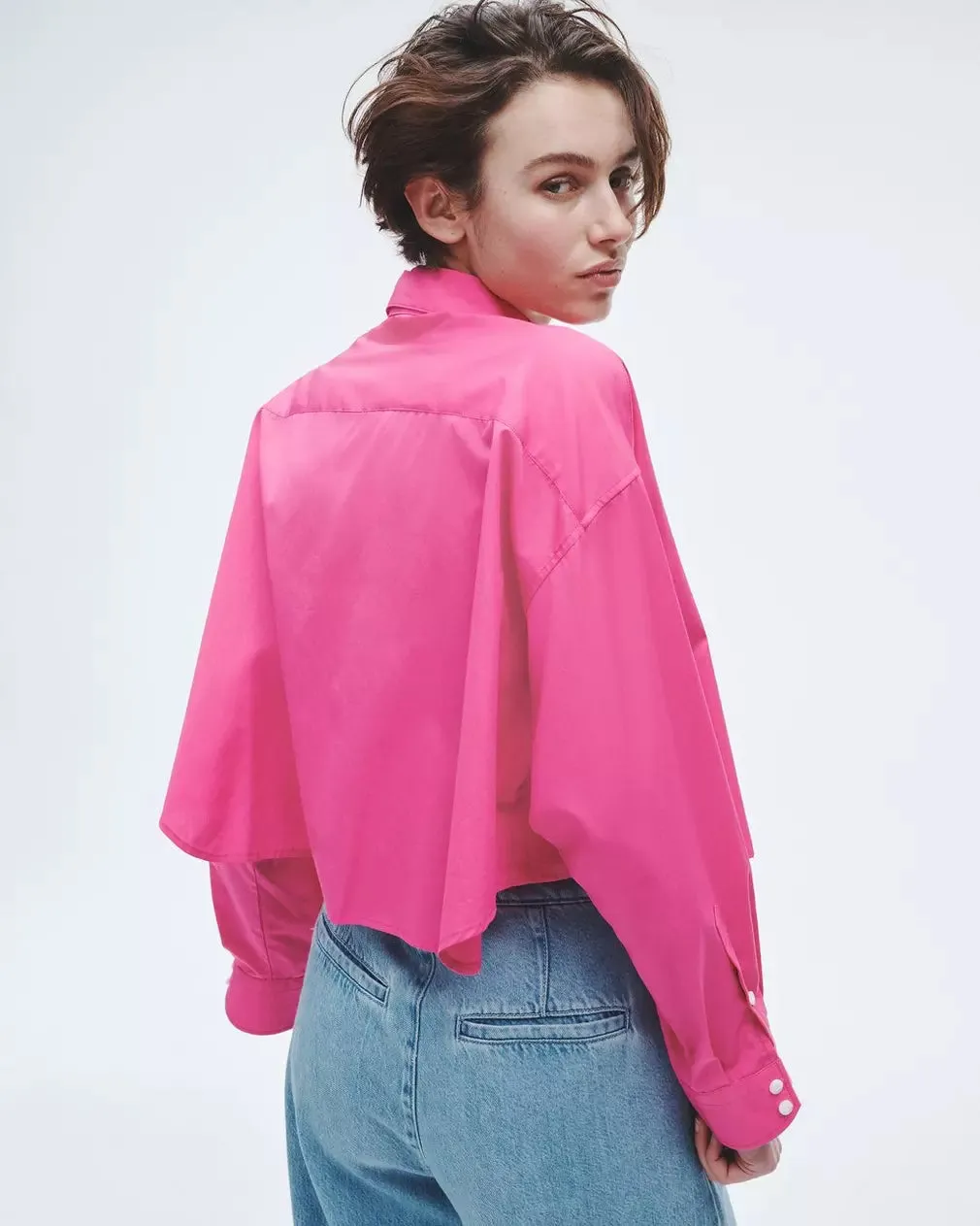 Beatrice Cotton Poplin Crop Shirt - Bright Pink