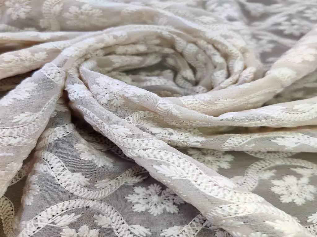 Beige & White Floral Chikankari Embroidered Georgette Fabric (Wholesale)