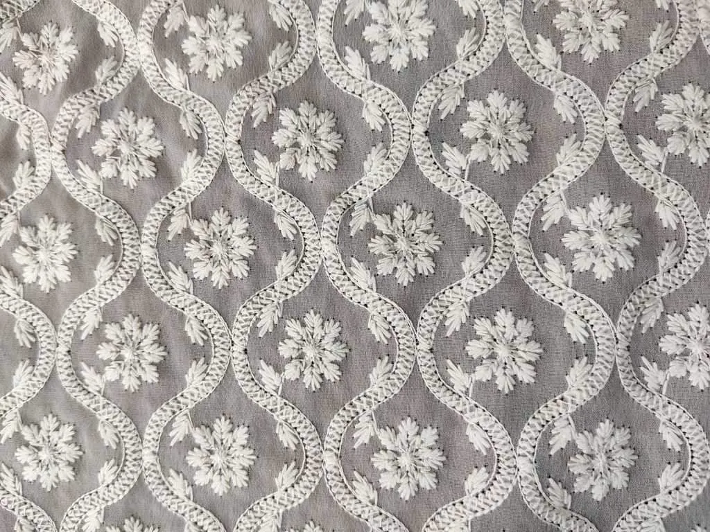 Beige & White Floral Chikankari Embroidered Georgette Fabric (Wholesale)