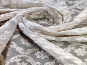 Beige & White Floral Chikankari Embroidered Georgette Fabric (Wholesale)