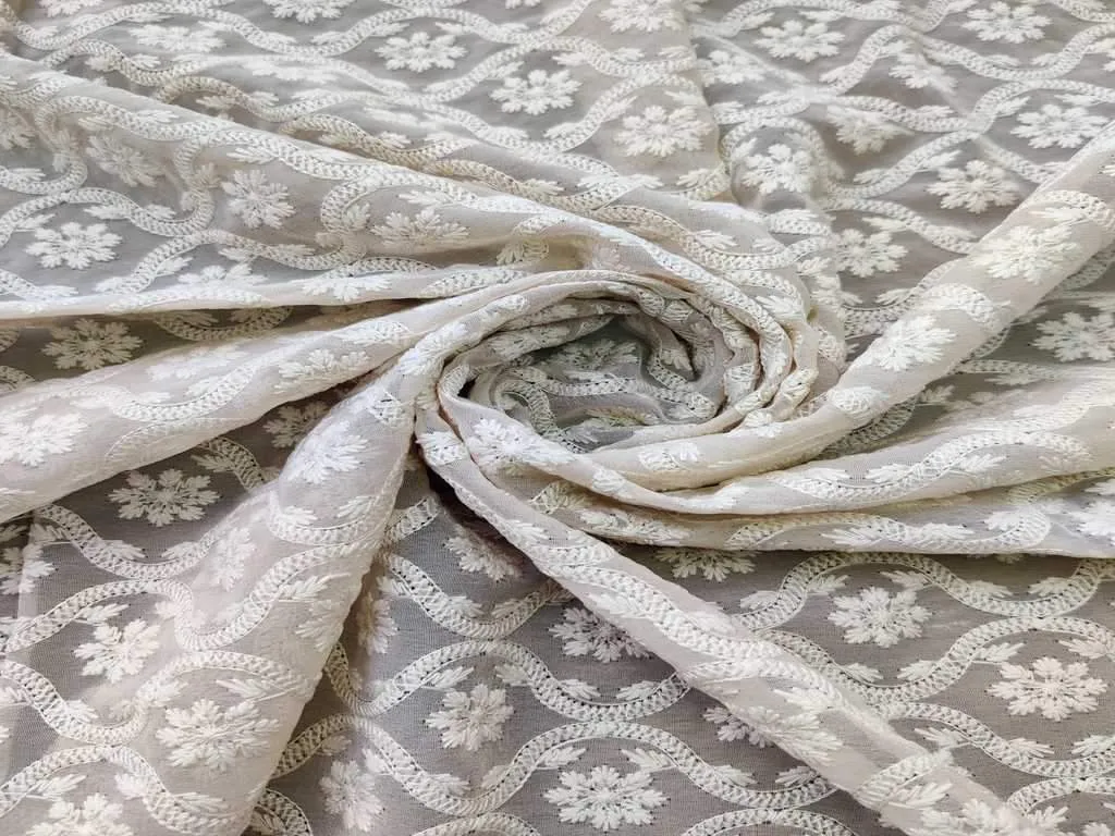 Beige & White Floral Chikankari Embroidered Georgette Fabric (Wholesale)