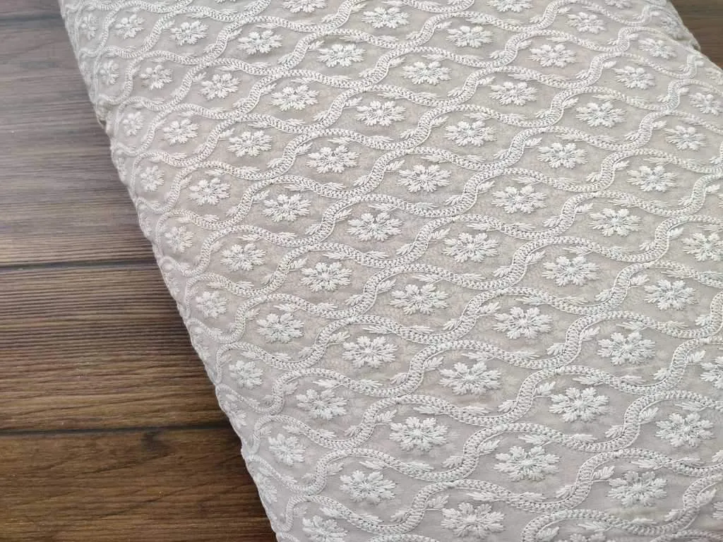 Beige & White Floral Chikankari Embroidered Georgette Fabric (Wholesale)