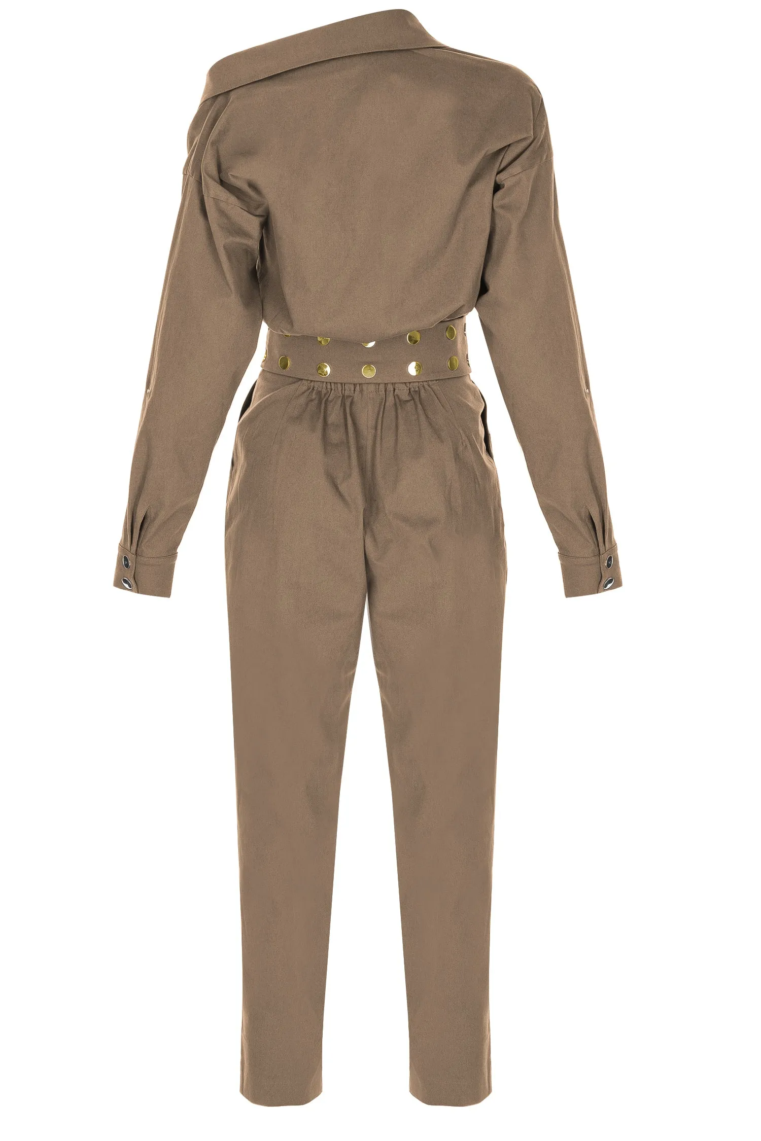 Beige Asymmetric-Neck, Long-Sleeved, Belt-Detailed Canvas Jumpsuit