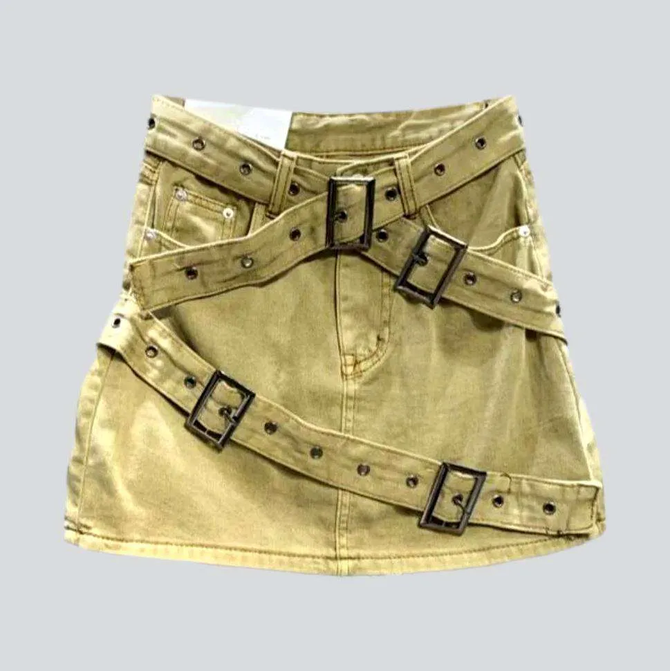 Belted color mini denim skirt