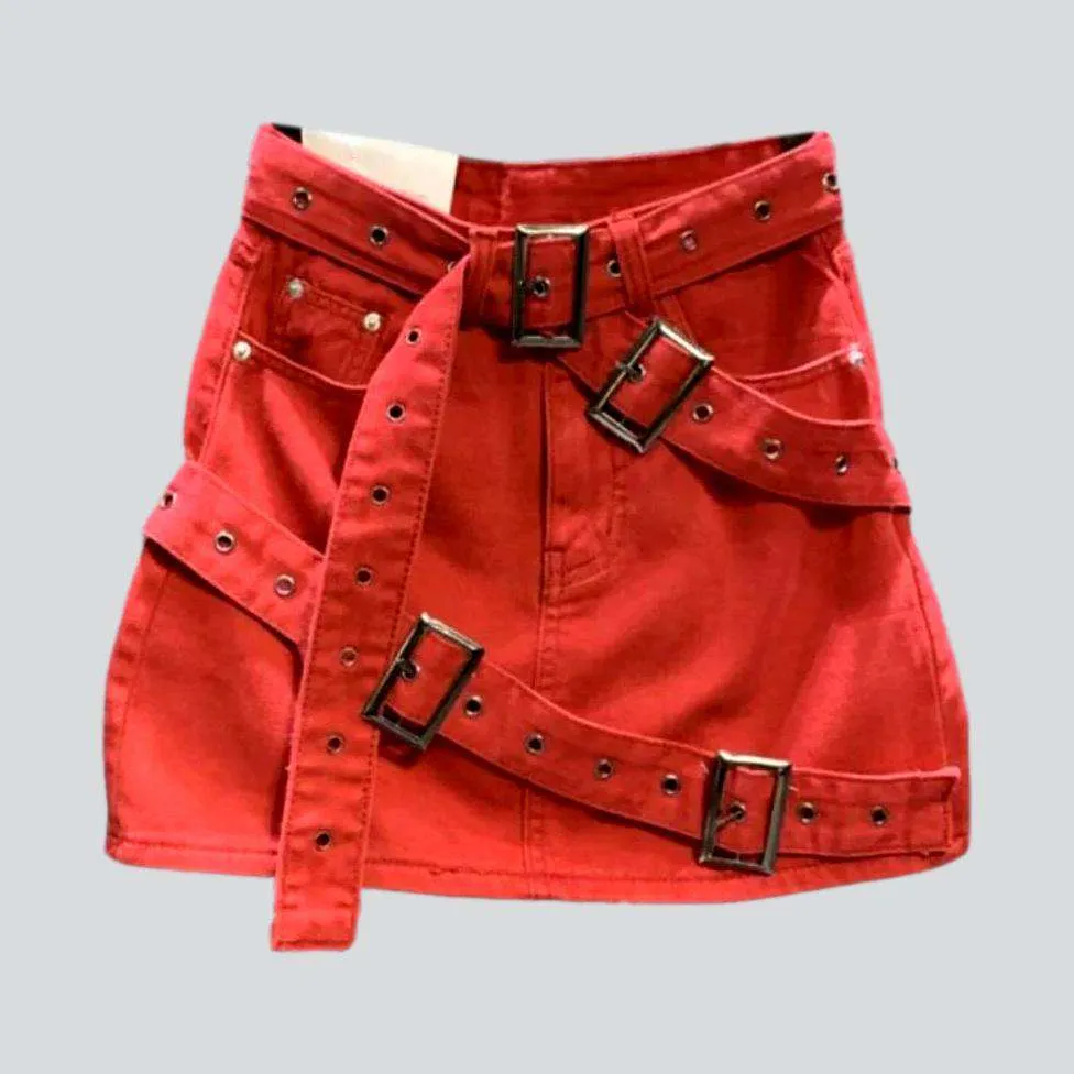Belted color mini denim skirt