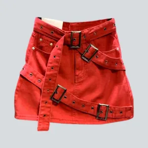 Belted color mini denim skirt