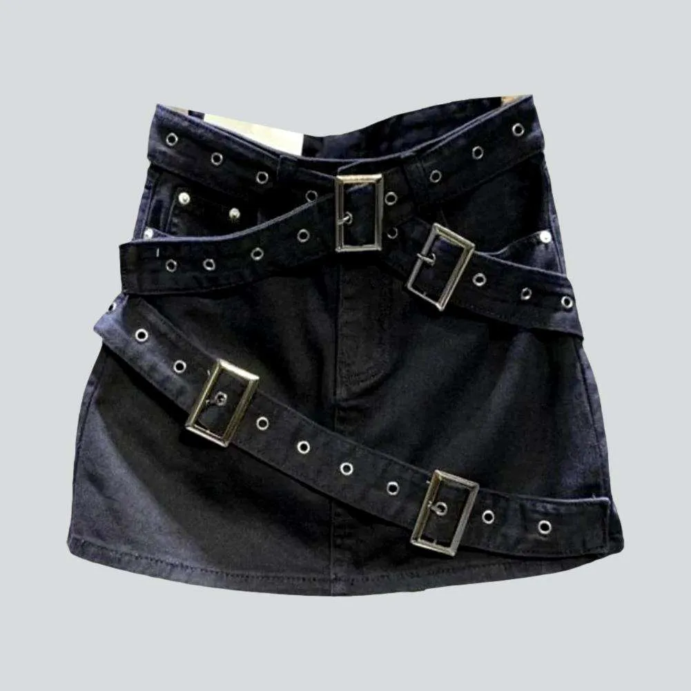 Belted color mini denim skirt