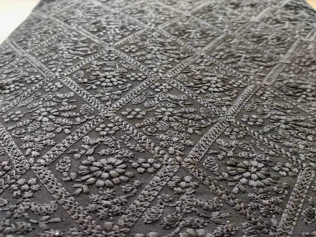 Black & Beige Floral Lakhnawi Embroidered Georgette Fabric (Wholesale)
