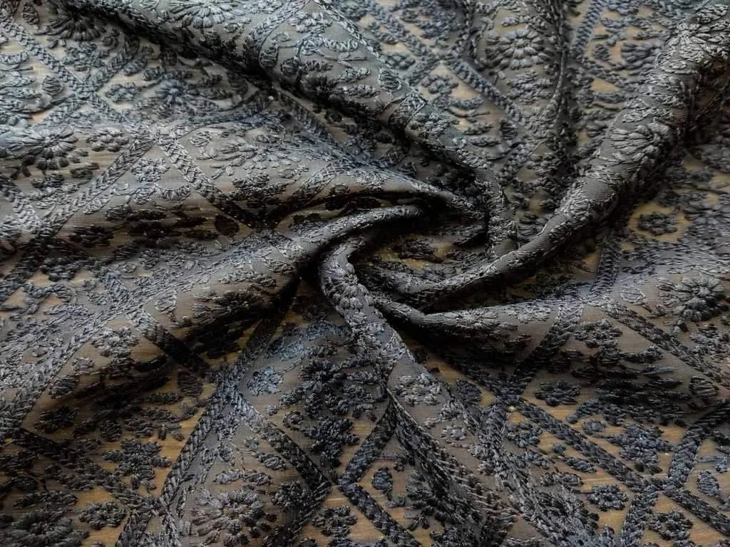 Black & Beige Floral Lakhnawi Embroidered Georgette Fabric (Wholesale)