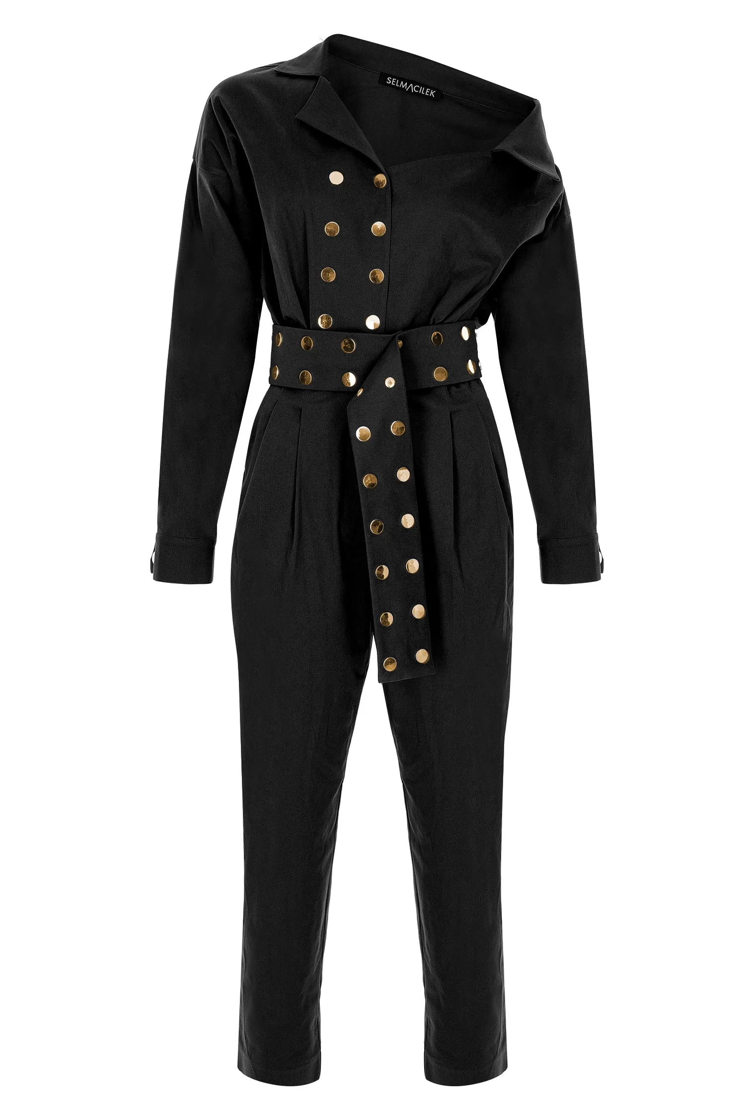 Black Asymmetric-Neck, Long-Sleeved, Belt-Detailed Canvas Jumpsuit