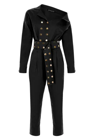 Black Asymmetric-Neck, Long-Sleeved, Belt-Detailed Canvas Jumpsuit