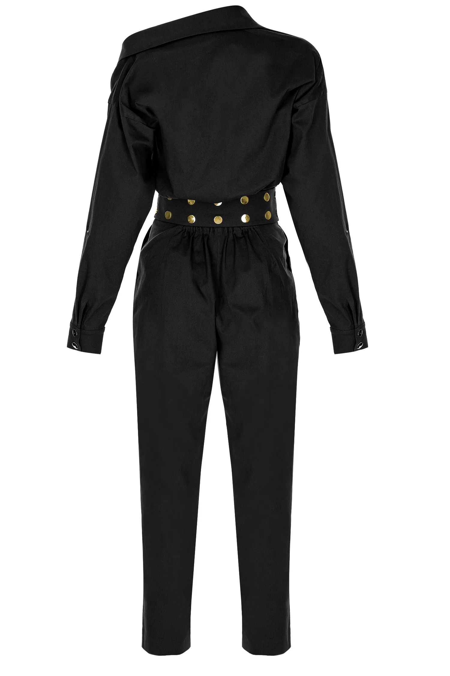 Black Asymmetric-Neck, Long-Sleeved, Belt-Detailed Canvas Jumpsuit