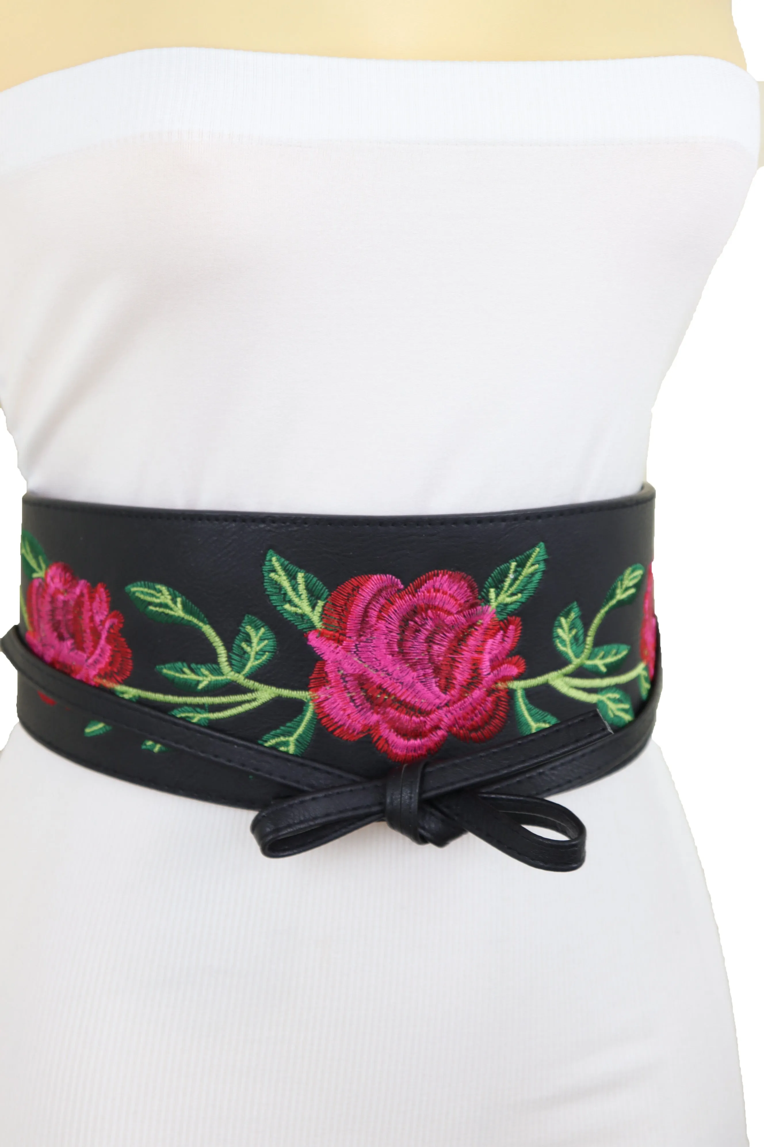 Black Faux Leather with Red Flowers Obi Belt
