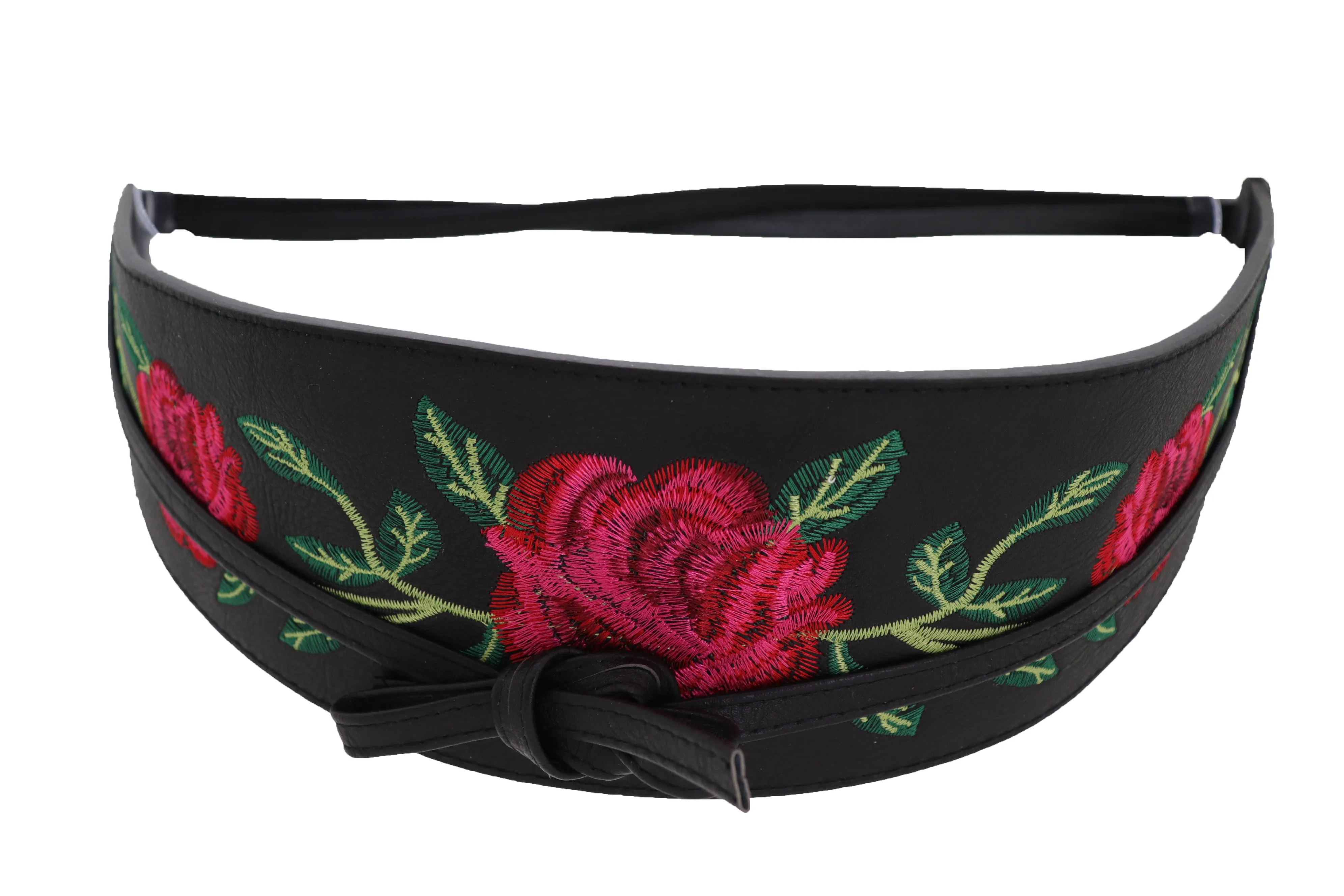 Black Faux Leather with Red Flowers Obi Belt