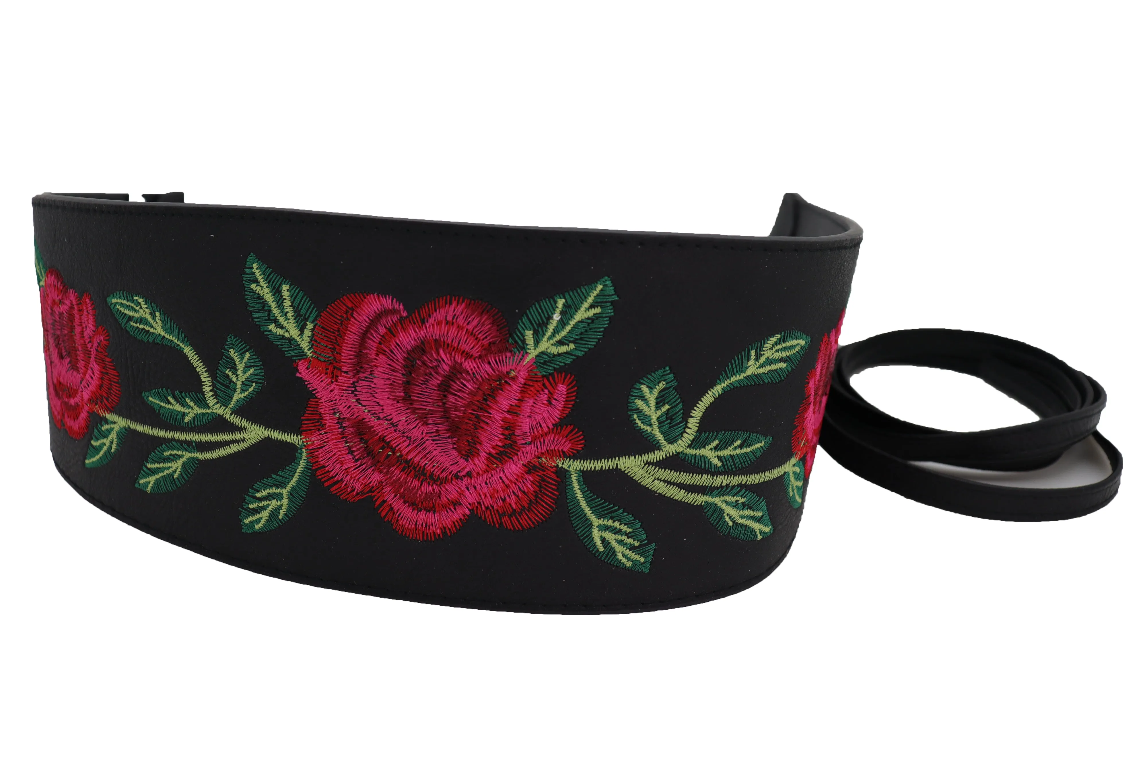 Black Faux Leather with Red Flowers Obi Belt