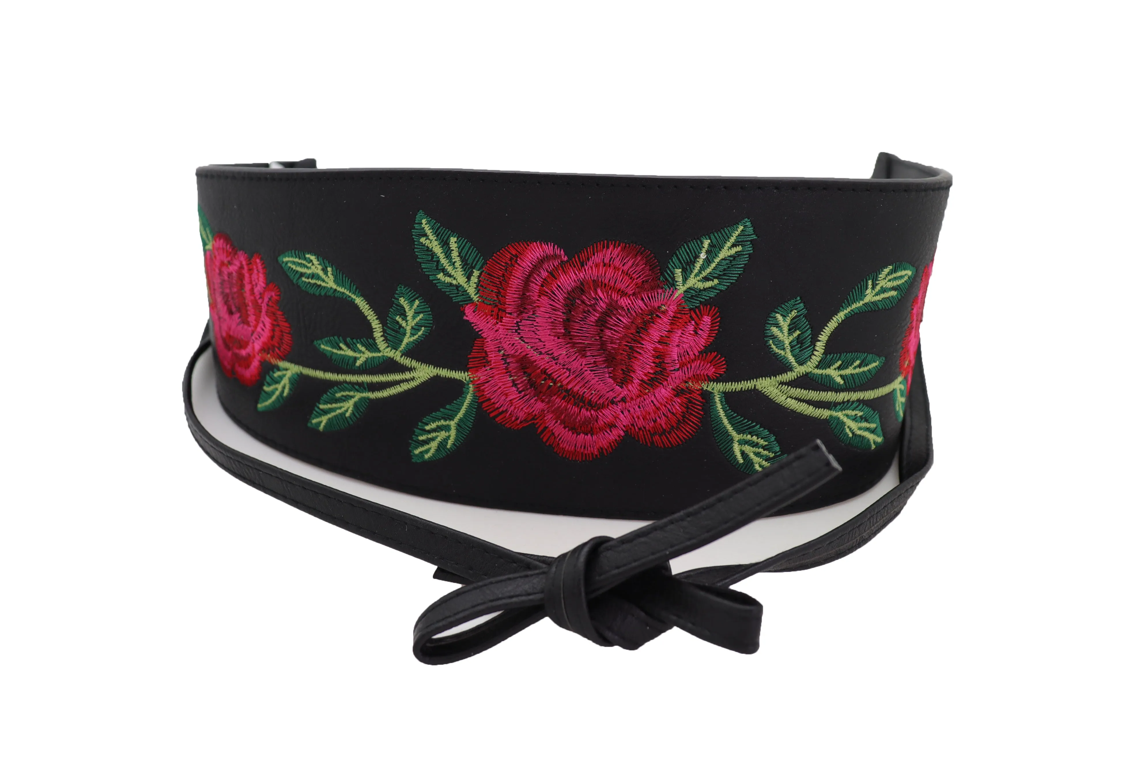 Black Faux Leather with Red Flowers Obi Belt