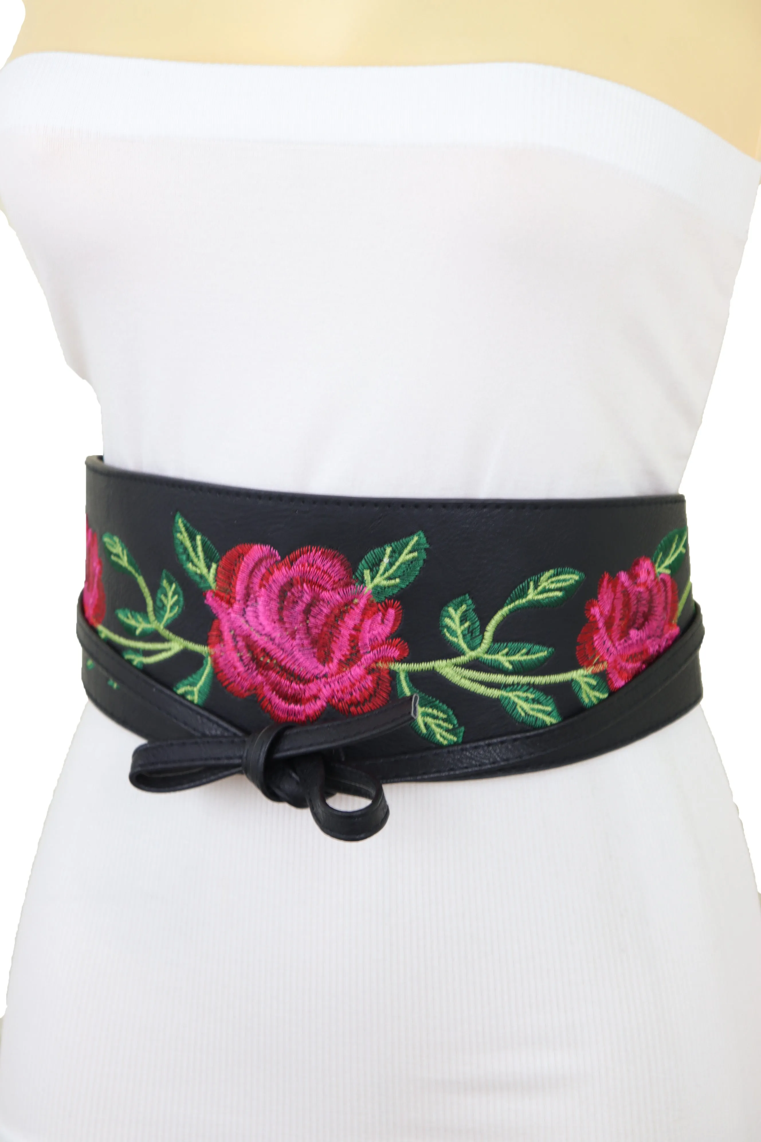 Black Faux Leather with Red Flowers Obi Belt