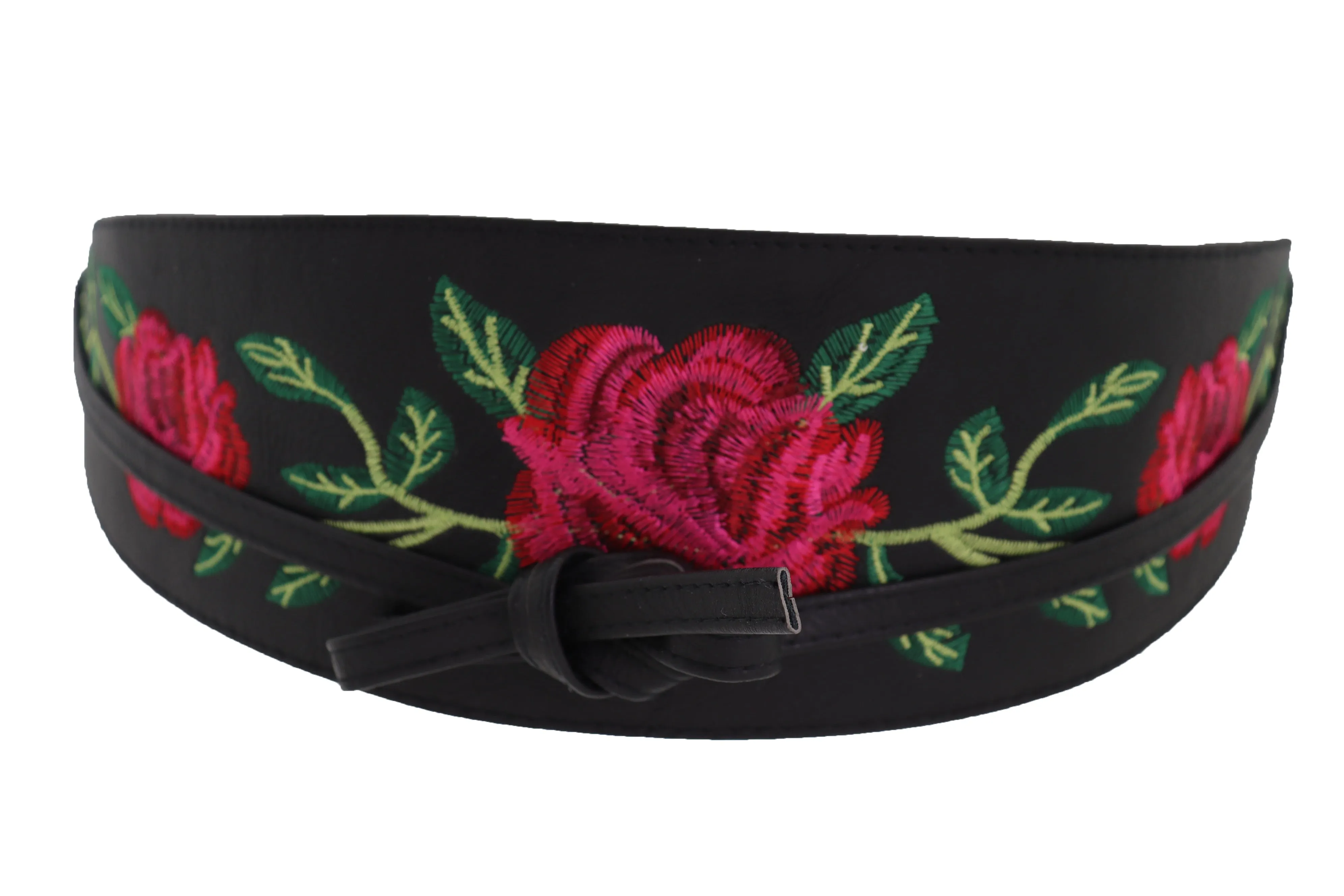 Black Faux Leather with Red Flowers Obi Belt
