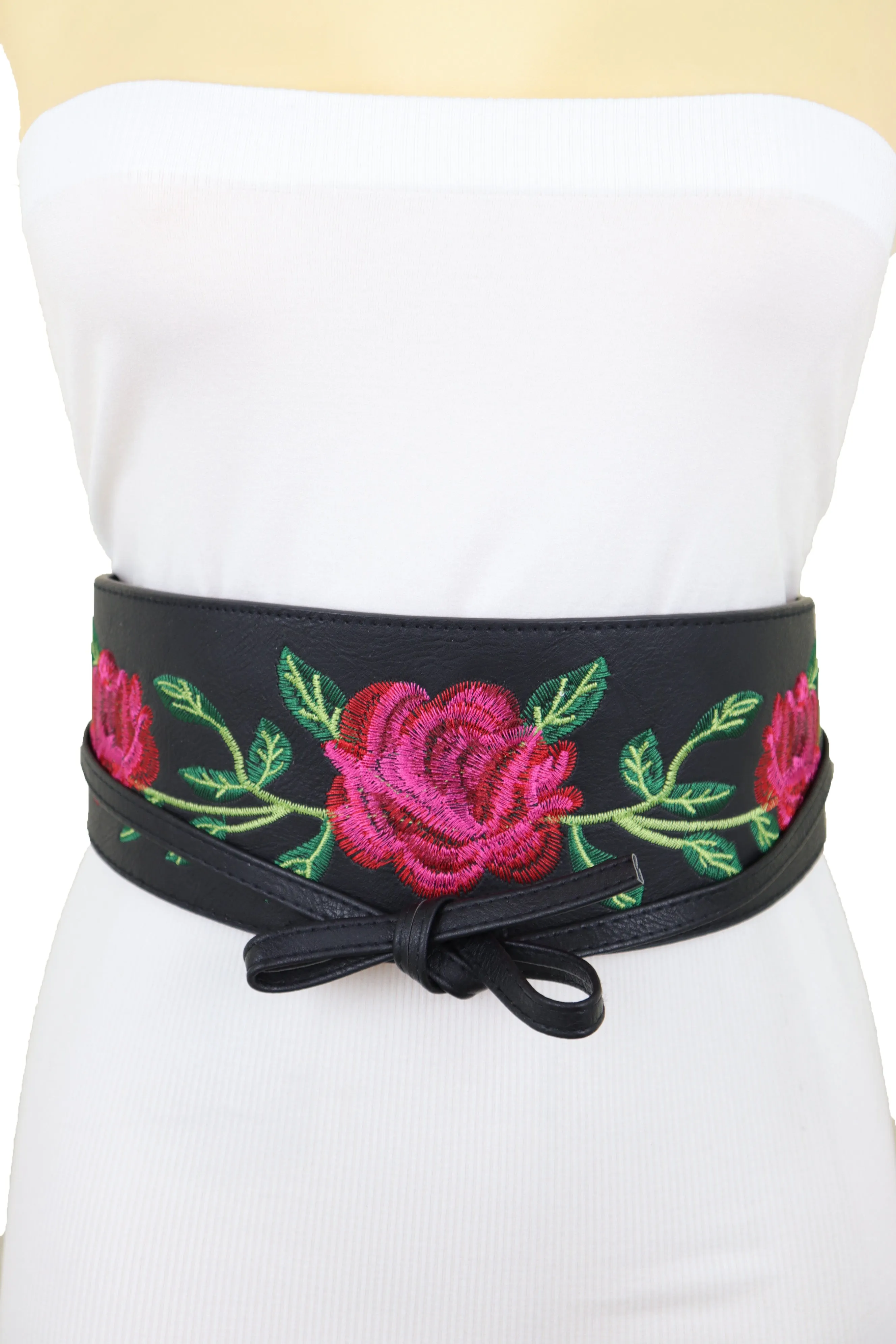 Black Faux Leather with Red Flowers Obi Belt