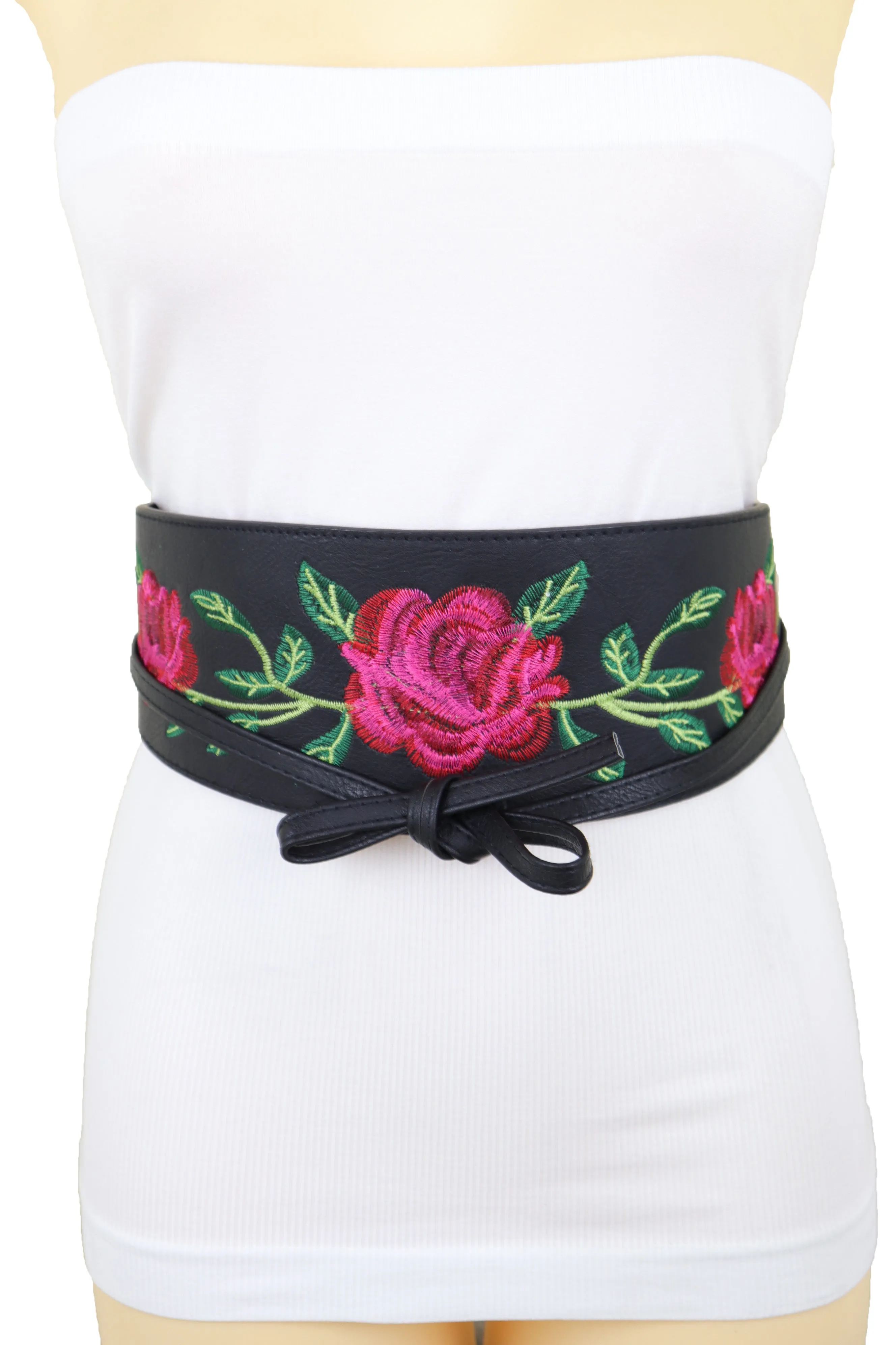 Black Faux Leather with Red Flowers Obi Belt