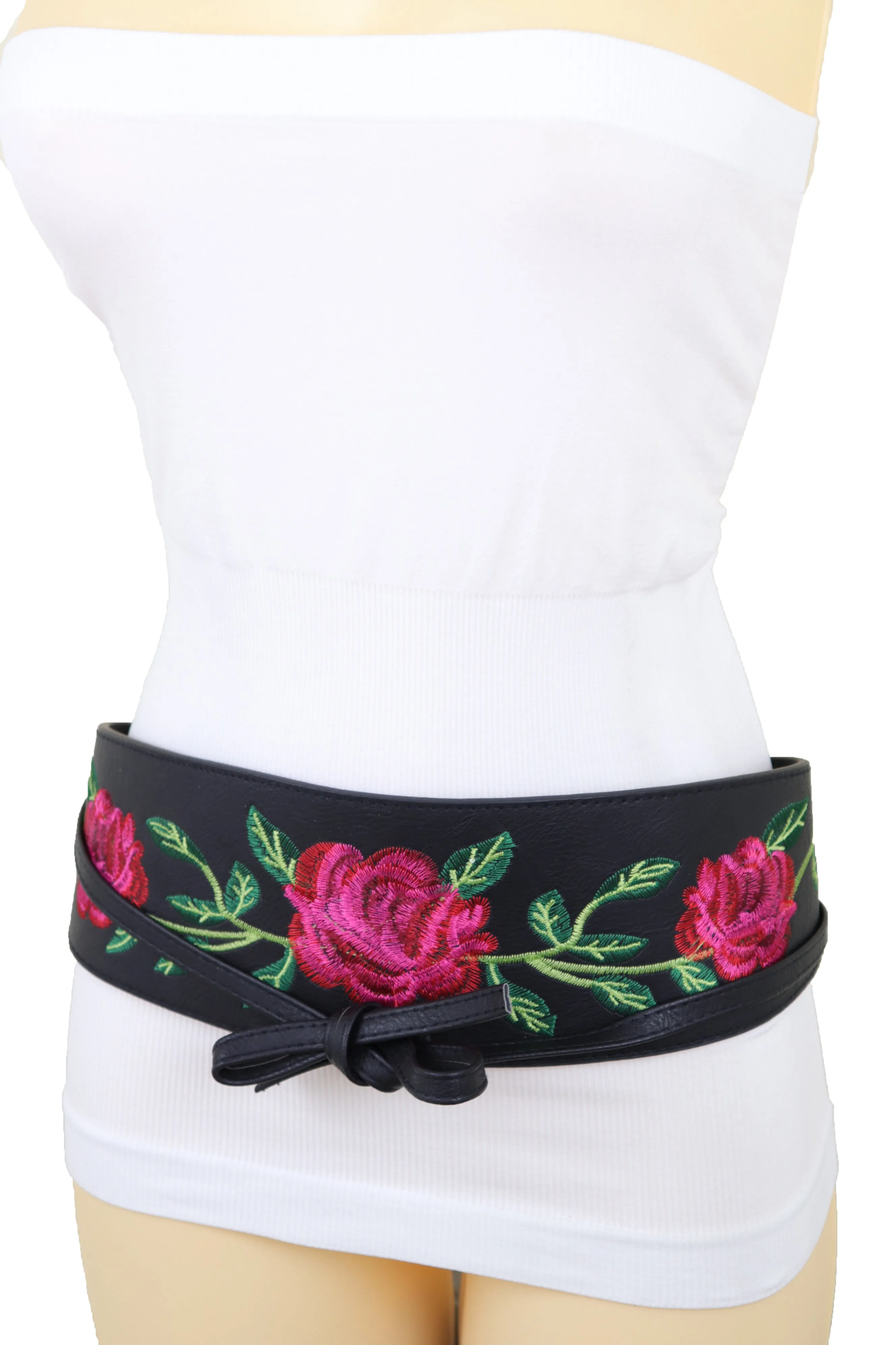 Black Faux Leather with Red Flowers Obi Belt