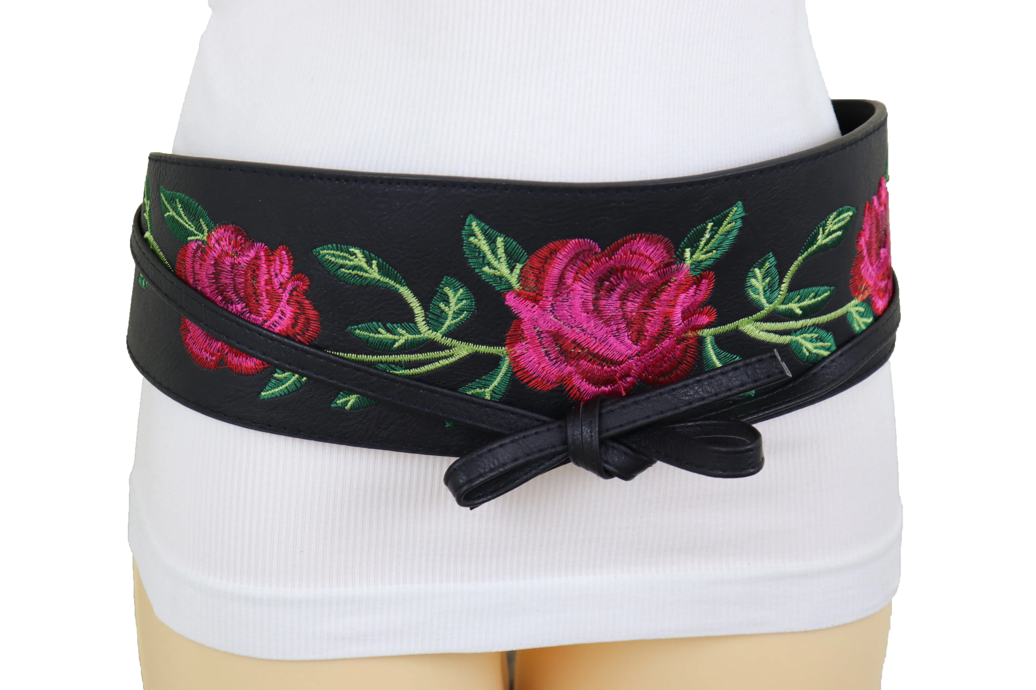 Black Faux Leather with Red Flowers Obi Belt
