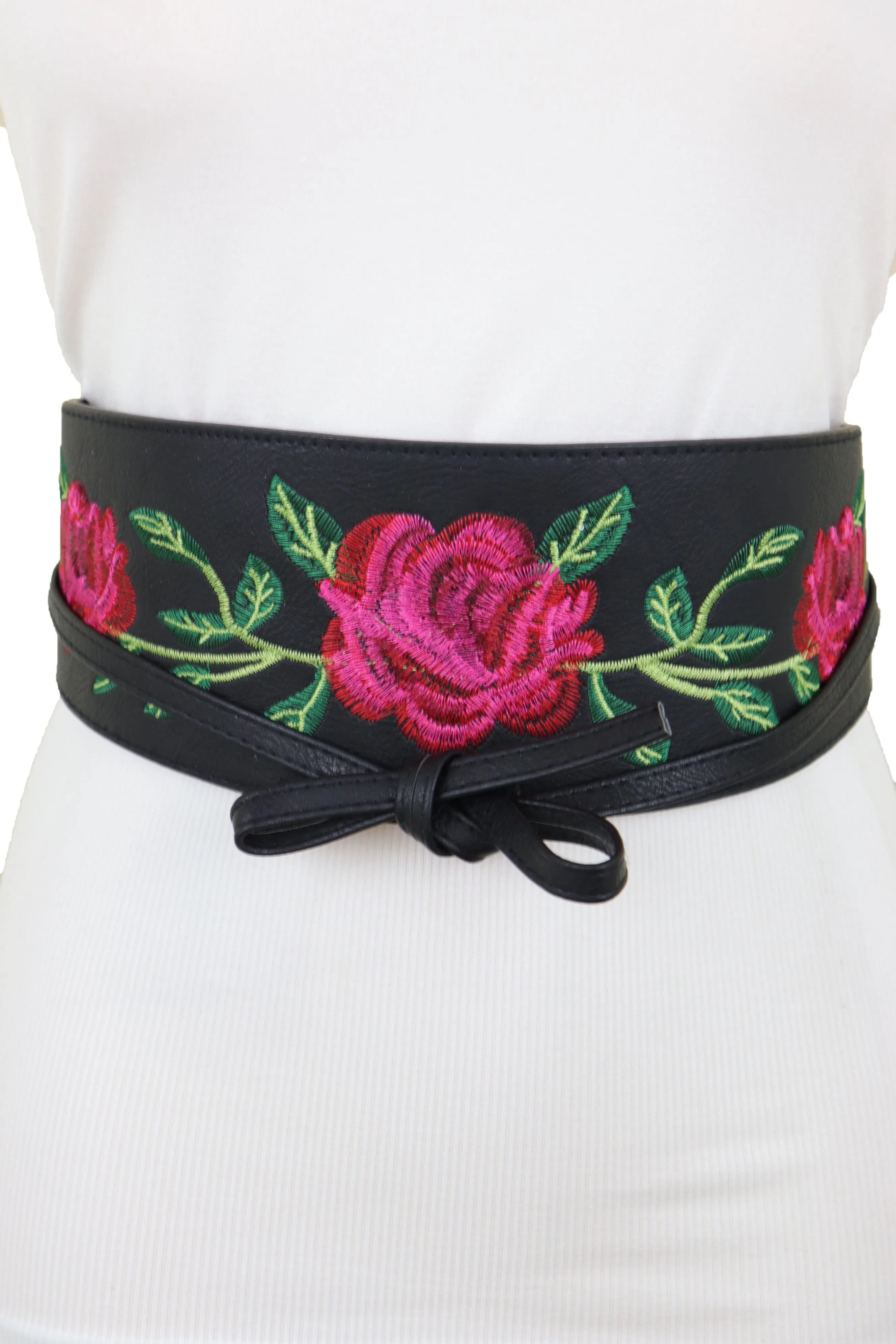 Black Faux Leather with Red Flowers Obi Belt