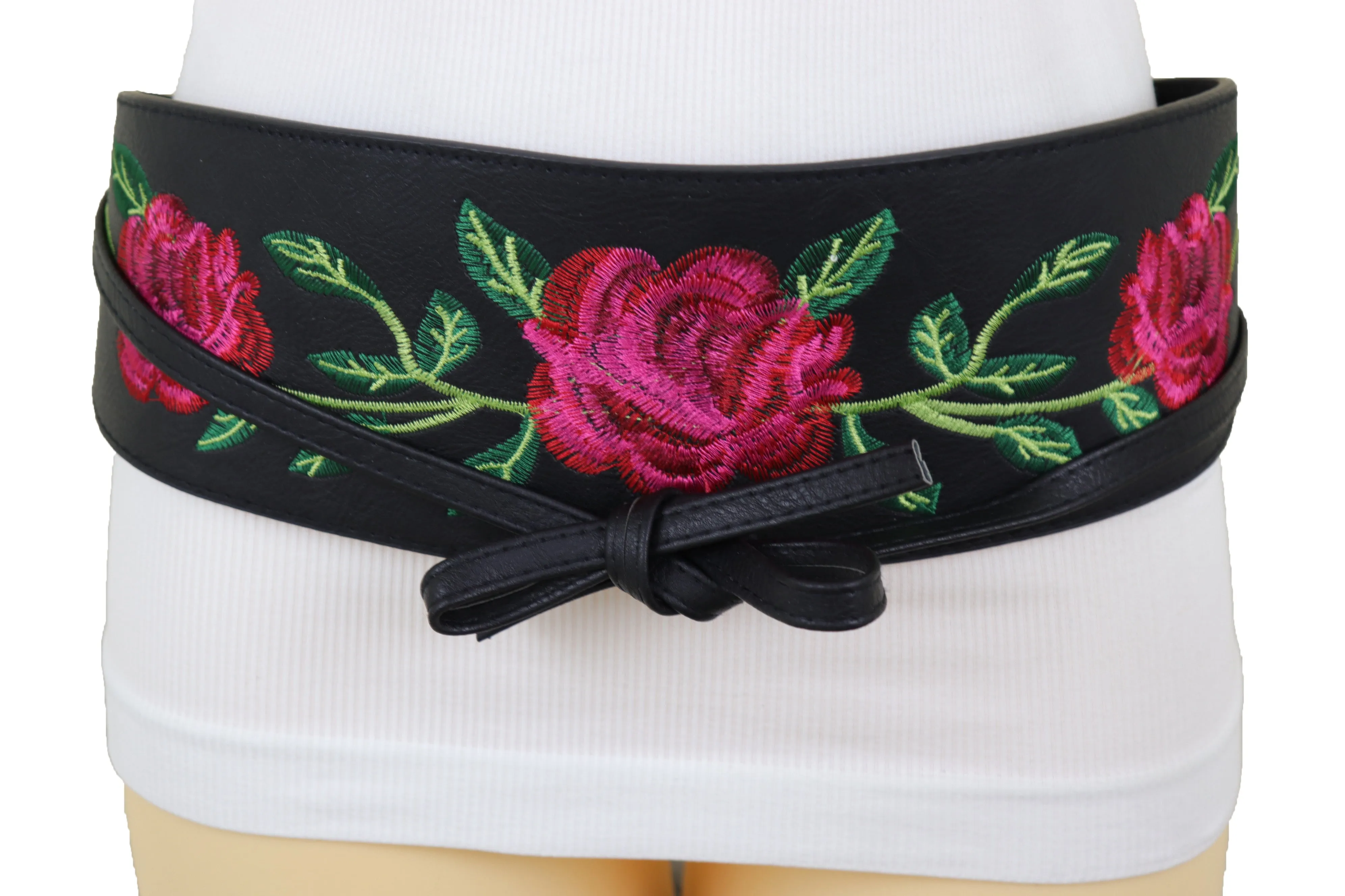Black Faux Leather with Red Flowers Obi Belt