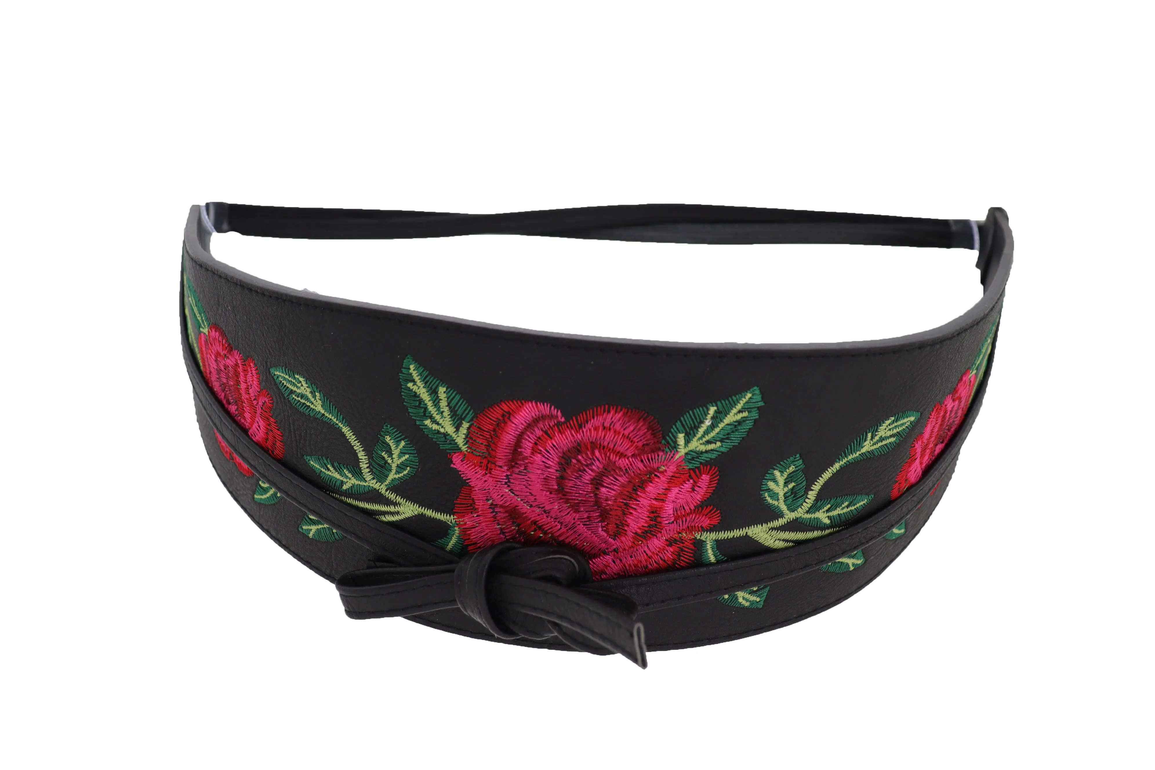 Black Faux Leather with Red Flowers Obi Belt