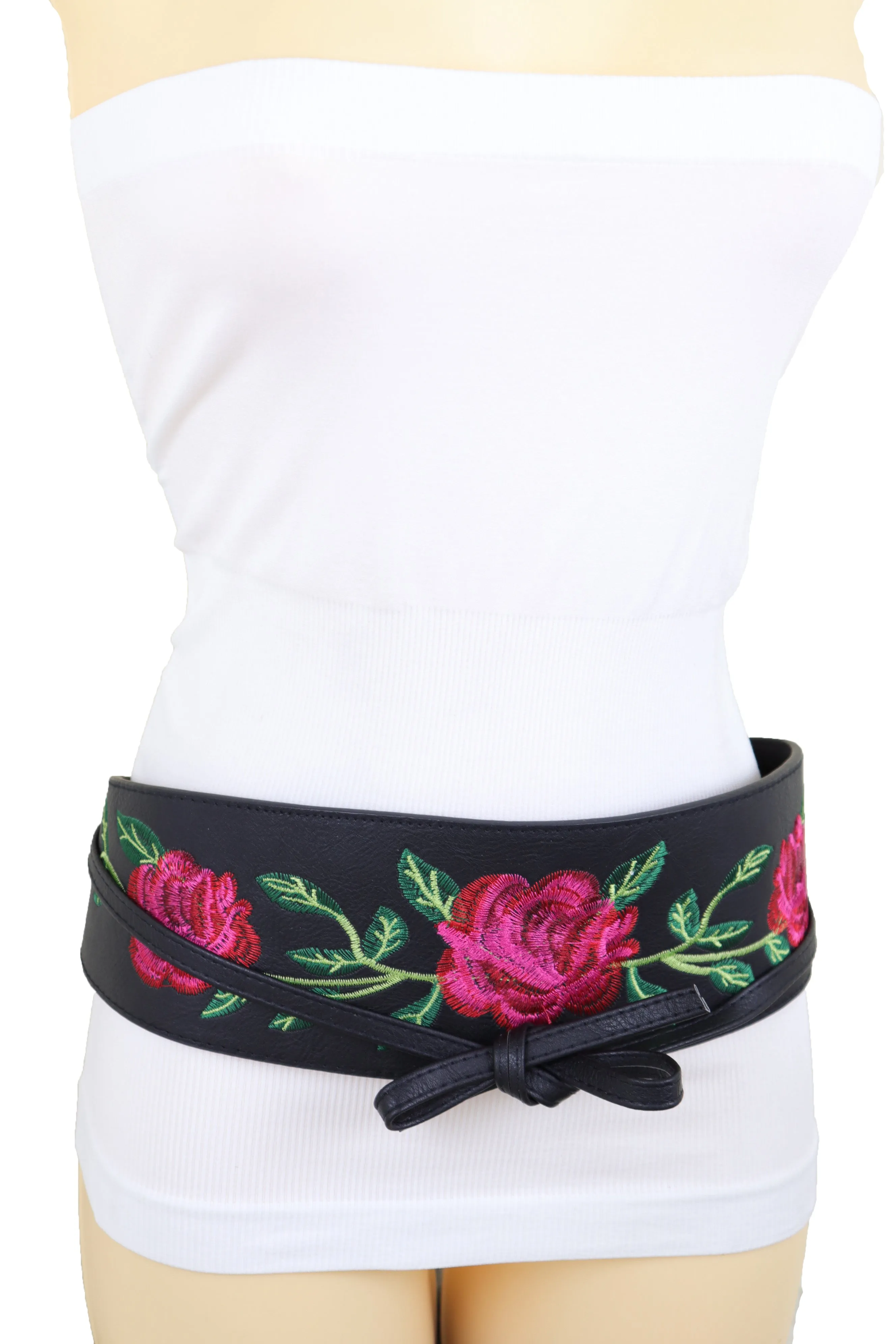 Black Faux Leather with Red Flowers Obi Belt