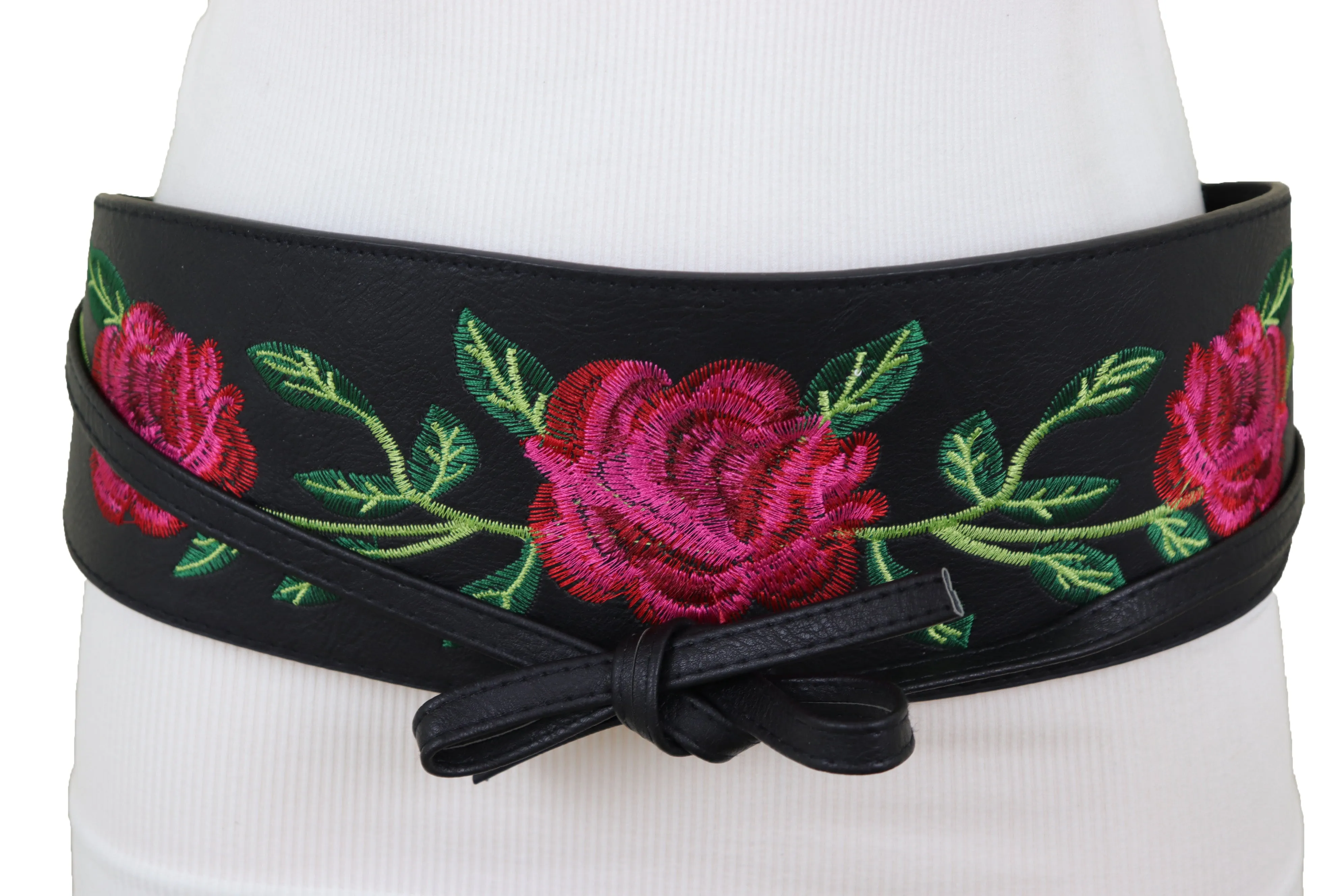 Black Faux Leather with Red Flowers Obi Belt