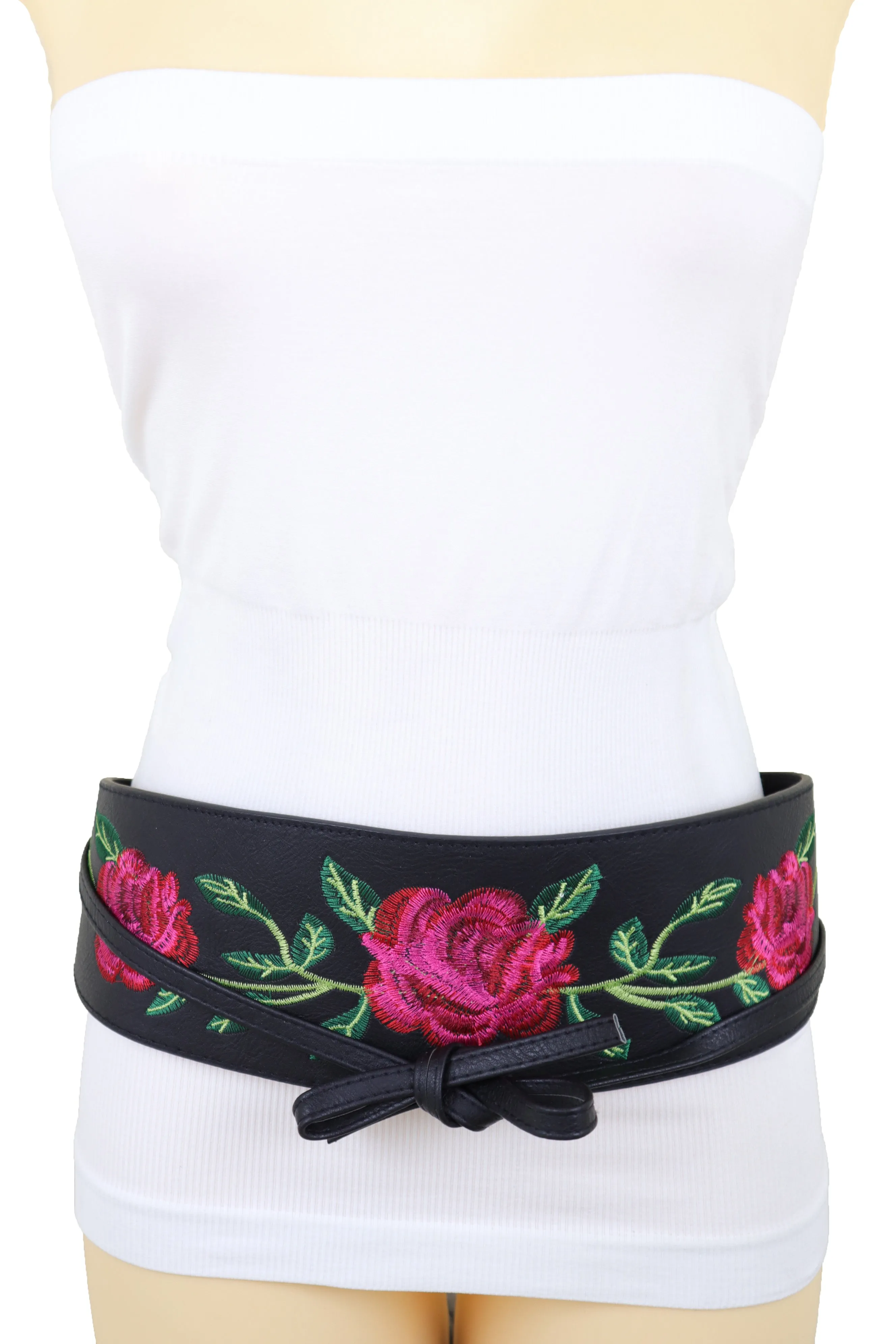 Black Faux Leather with Red Flowers Obi Belt