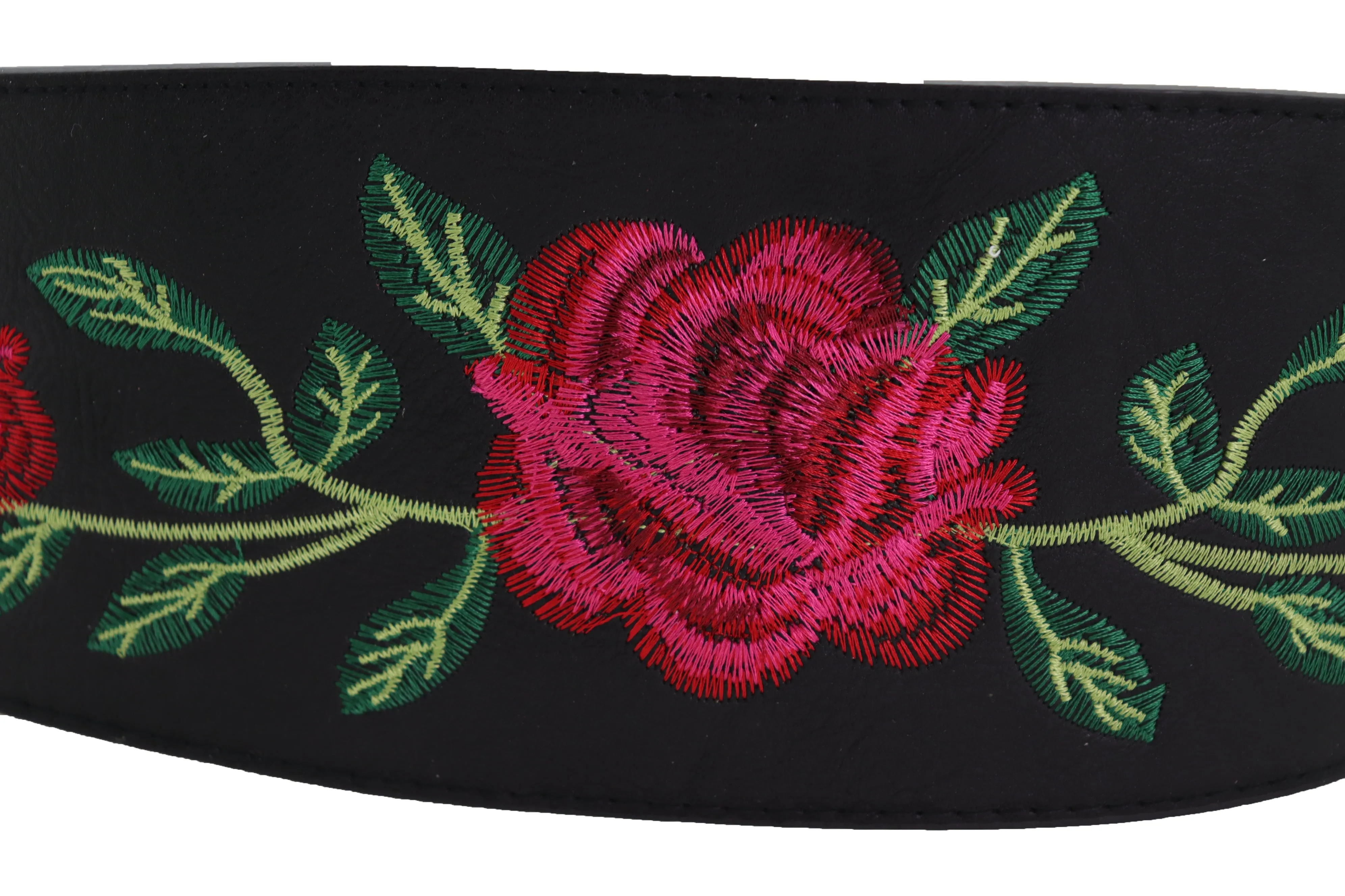 Black Faux Leather with Red Flowers Obi Belt